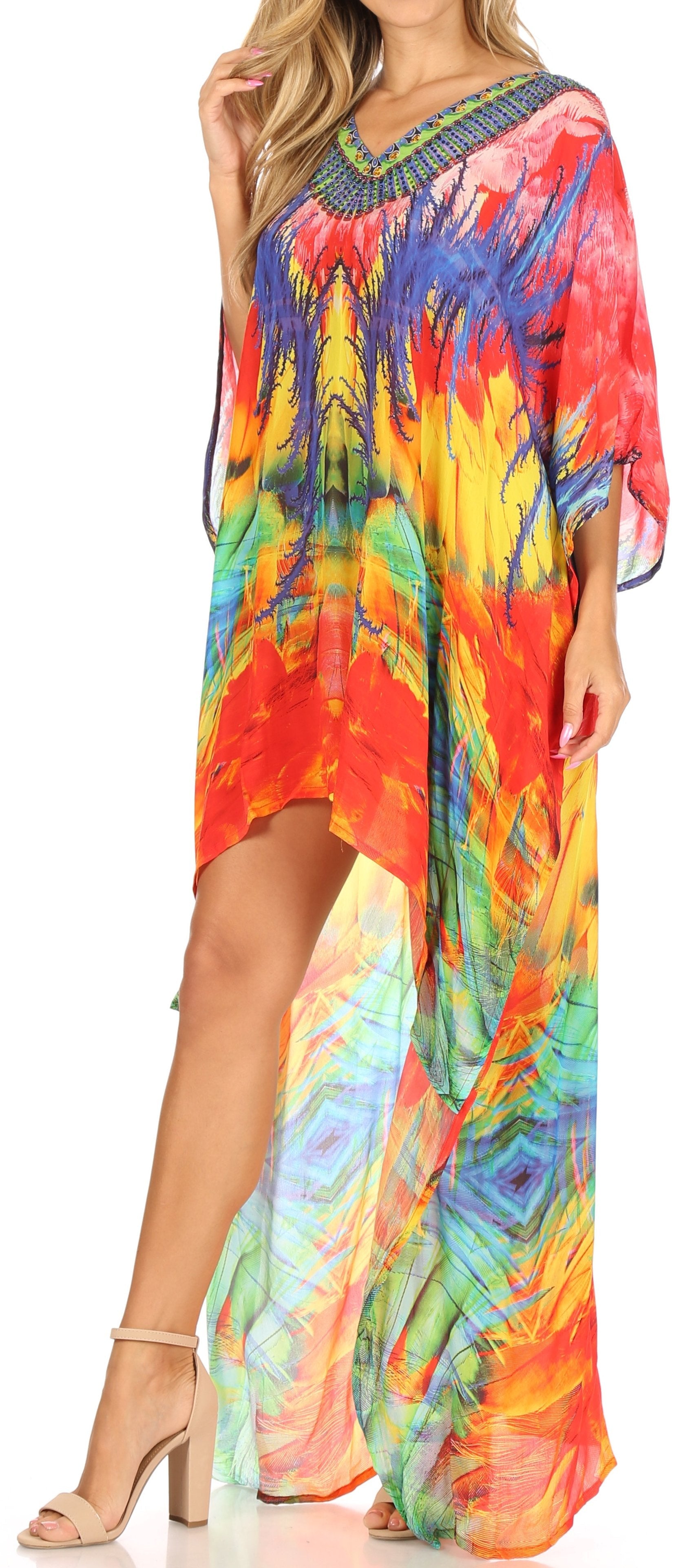 Sakkas Laisson Flowy Hi Low Caftan Rhinestone Boxy V Neck Dress Top Cover / Up - Concordia Style Boutique