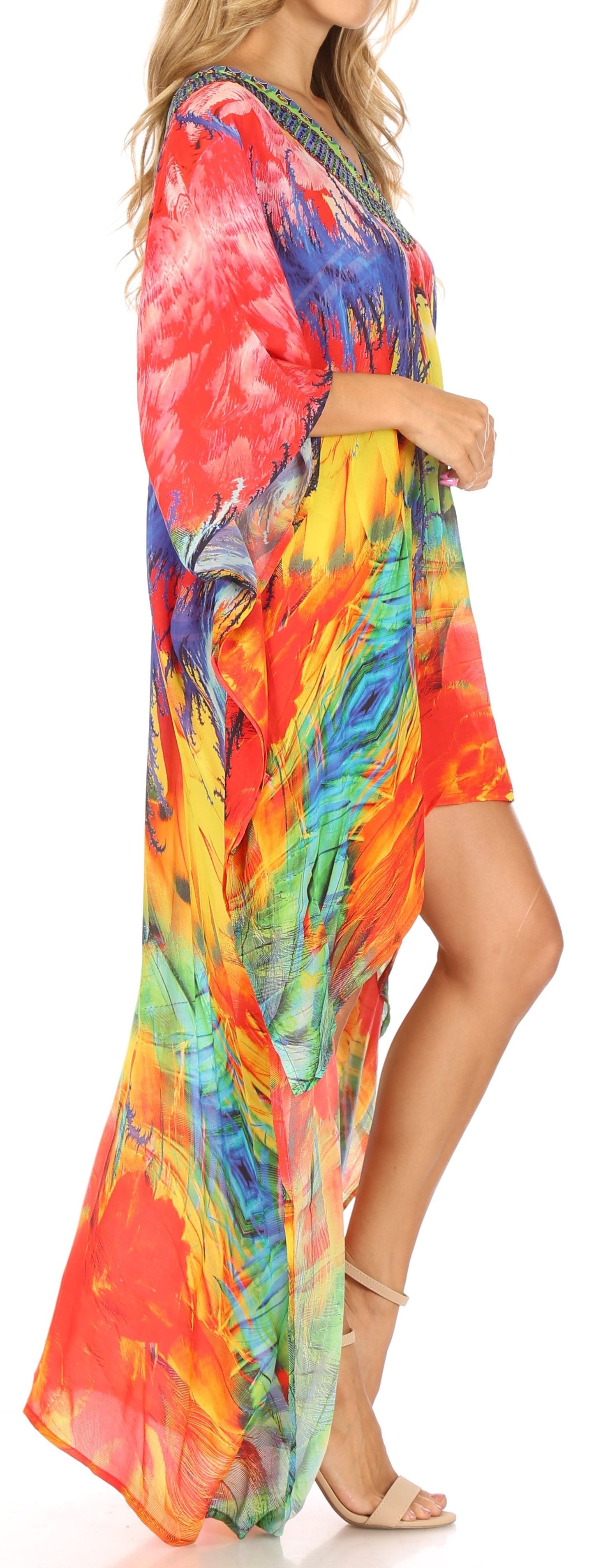 Sakkas Laisson Flowy Hi Low Caftan Rhinestone Boxy V Neck Dress Top Cover / Up - Concordia Style Boutique