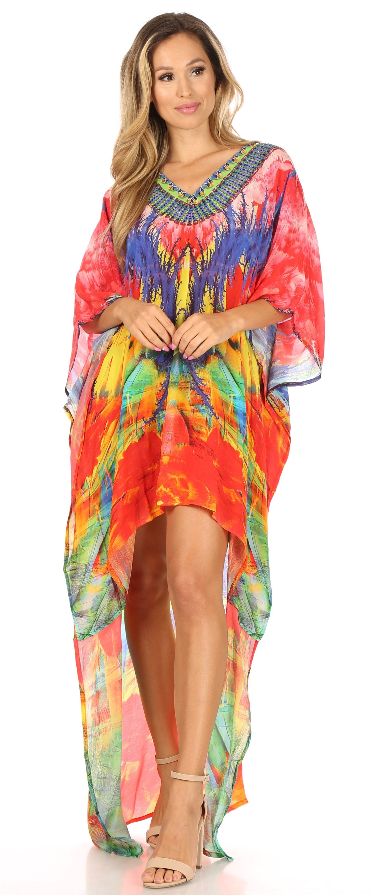 Sakkas Laisson Flowy Hi Low Caftan Rhinestone Boxy V Neck Dress Top Cover / Up - Concordia Style Boutique