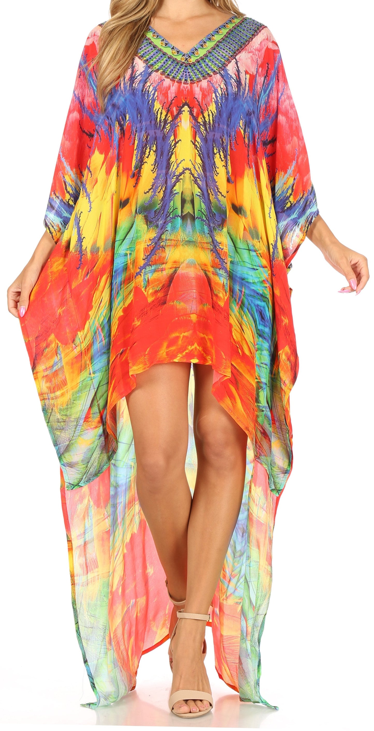 Sakkas Laisson Flowy Hi Low Caftan Rhinestone Boxy V Neck Dress Top Cover / Up - Concordia Style Boutique