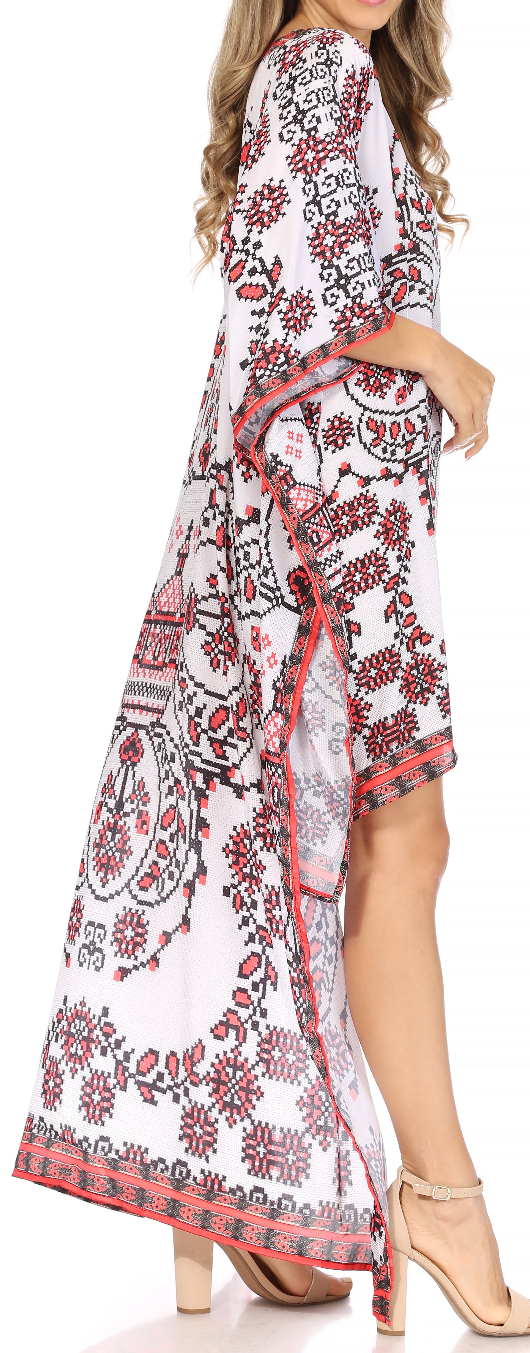 Sakkas Laisson Flowy Hi Low Caftan Rhinestone Boxy V Neck Dress Top Cover / Up - Concordia Style Boutique