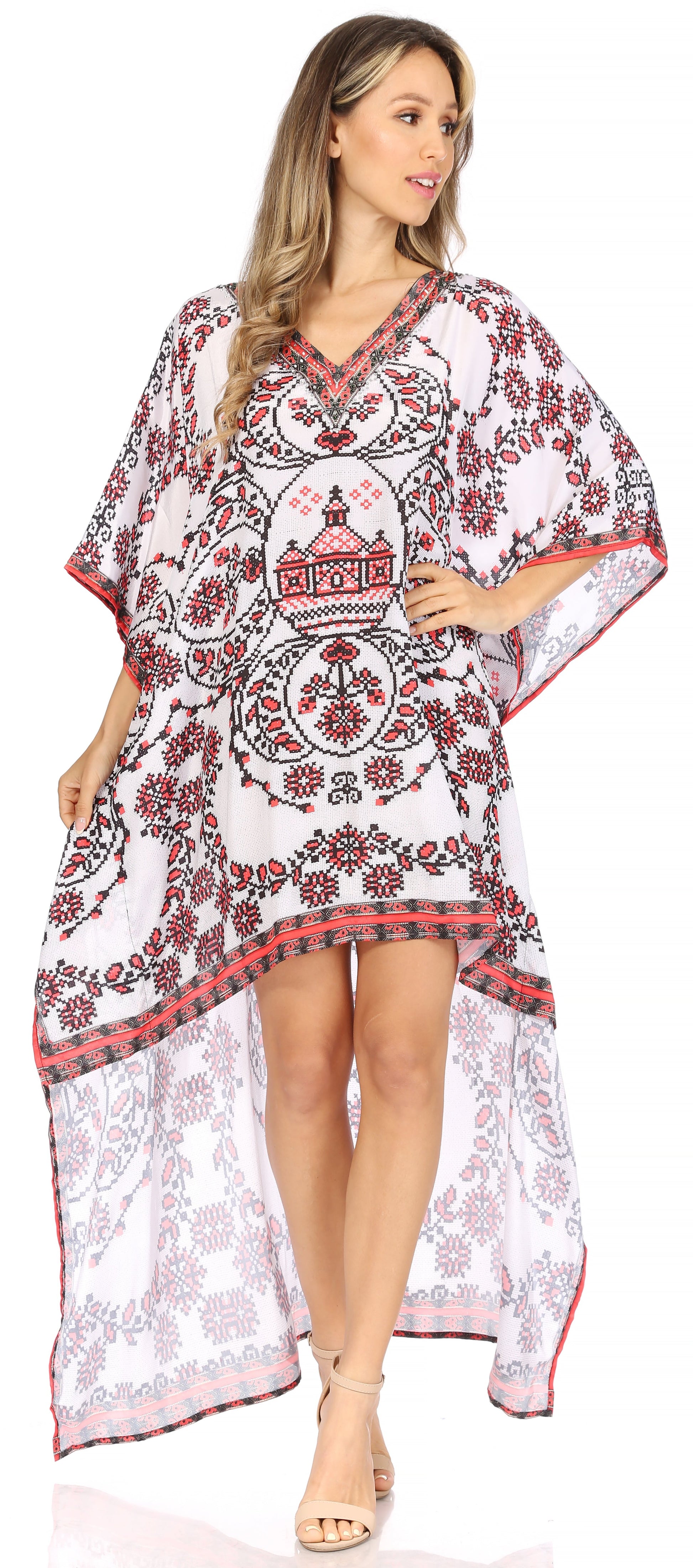 Sakkas Laisson Flowy Hi Low Caftan Rhinestone Boxy V Neck Dress Top Cover / Up - Concordia Style Boutique