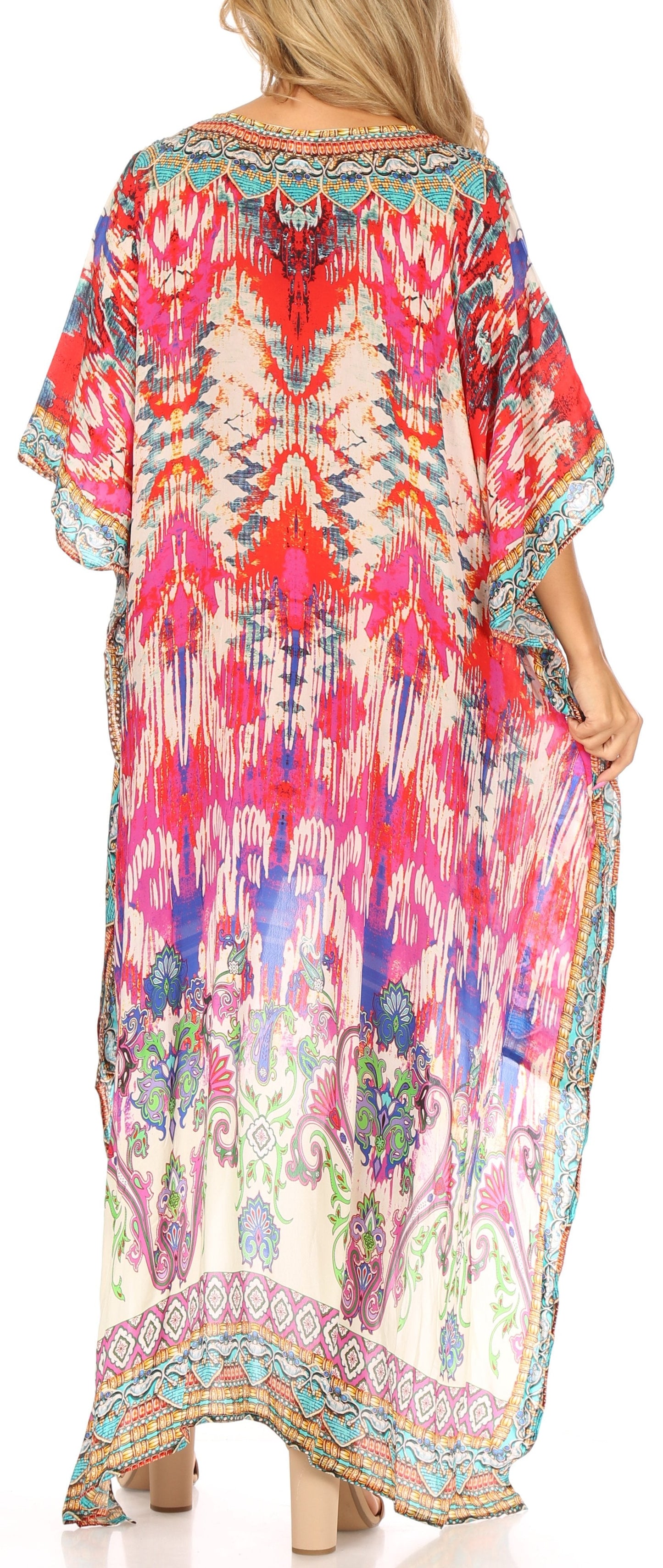 Sakkas Laisson Flowy Hi Low Caftan Rhinestone Boxy V Neck Dress Top Cover / Up - Concordia Style Boutique