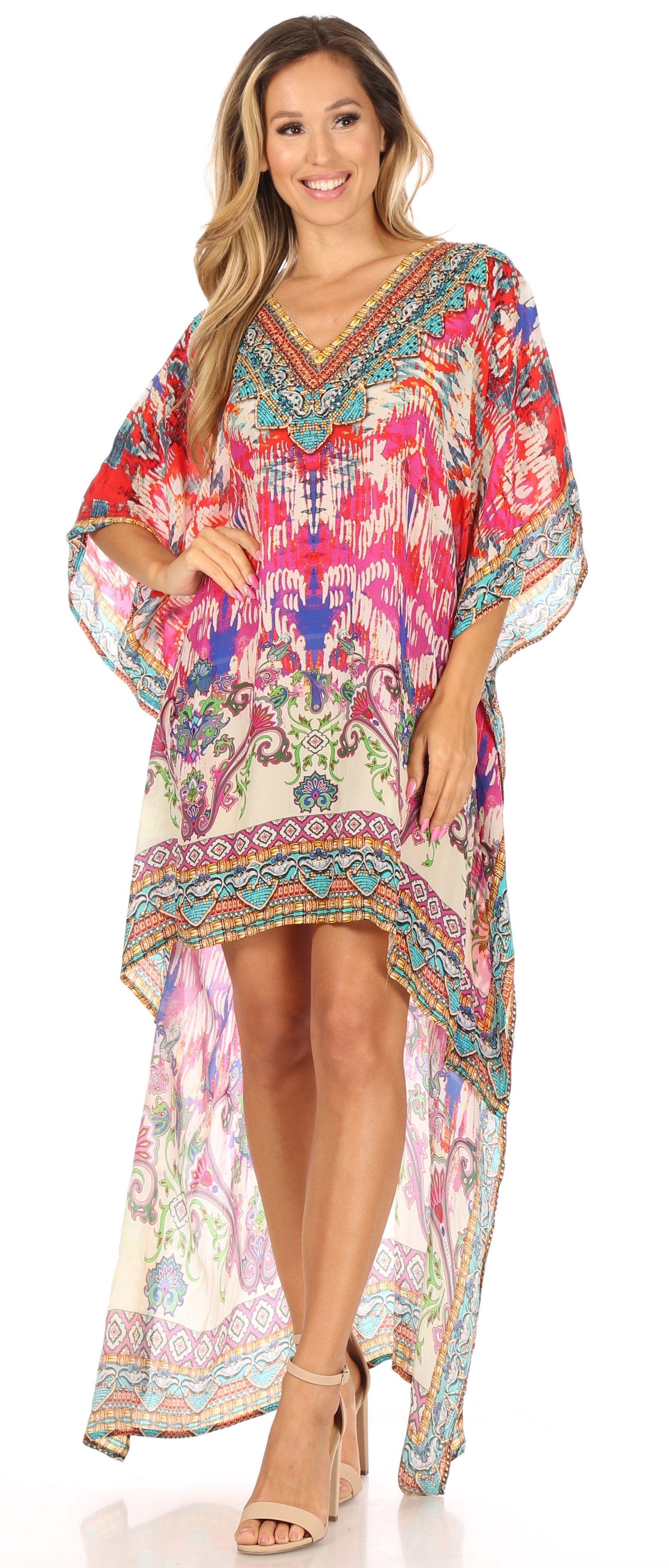 Sakkas Laisson Flowy Hi Low Caftan Rhinestone Boxy V Neck Dress Top Cover / Up - Concordia Style Boutique