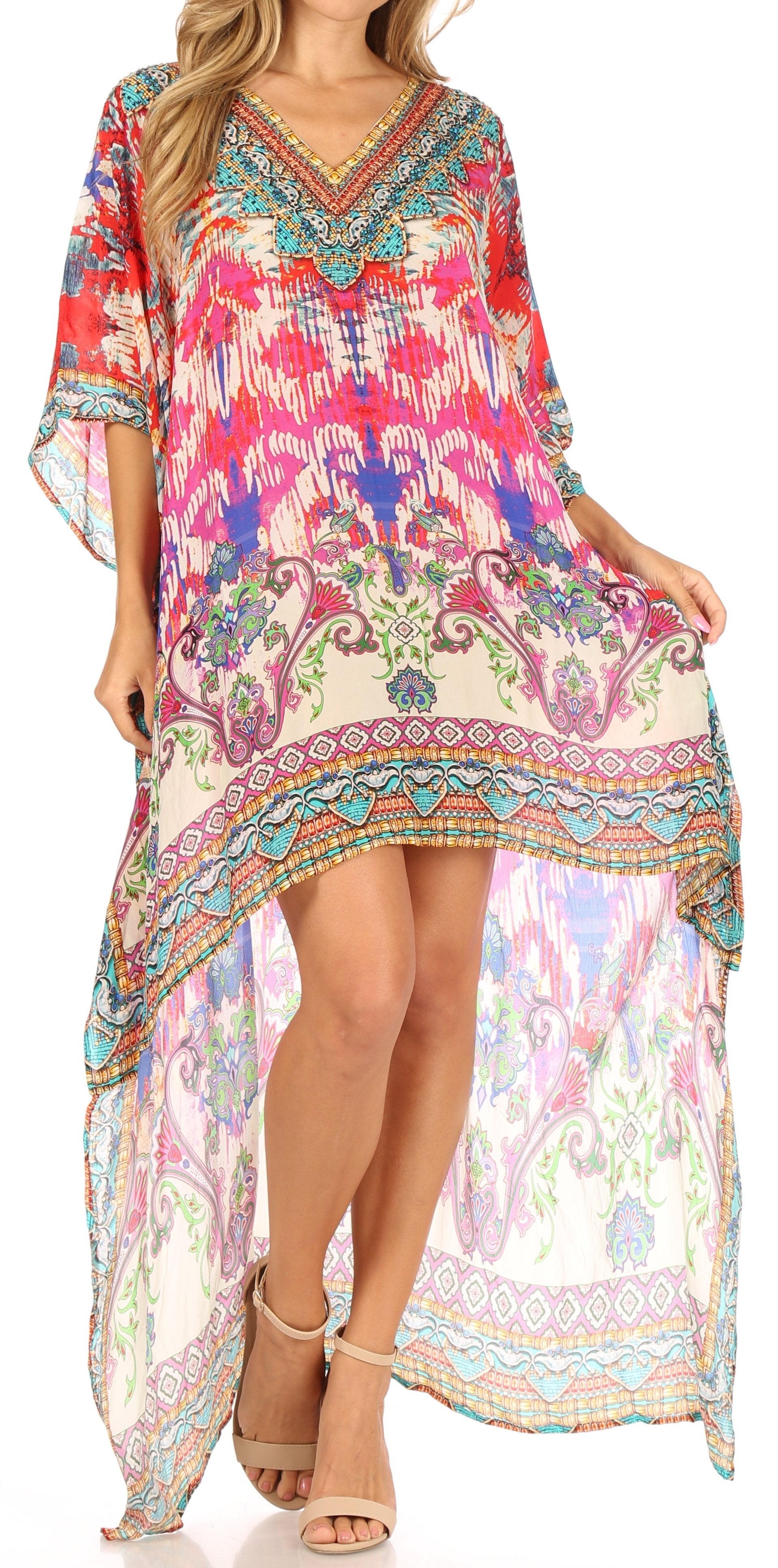 Sakkas Laisson Flowy Hi Low Caftan Rhinestone Boxy V Neck Dress Top Cover / Up - Concordia Style Boutique