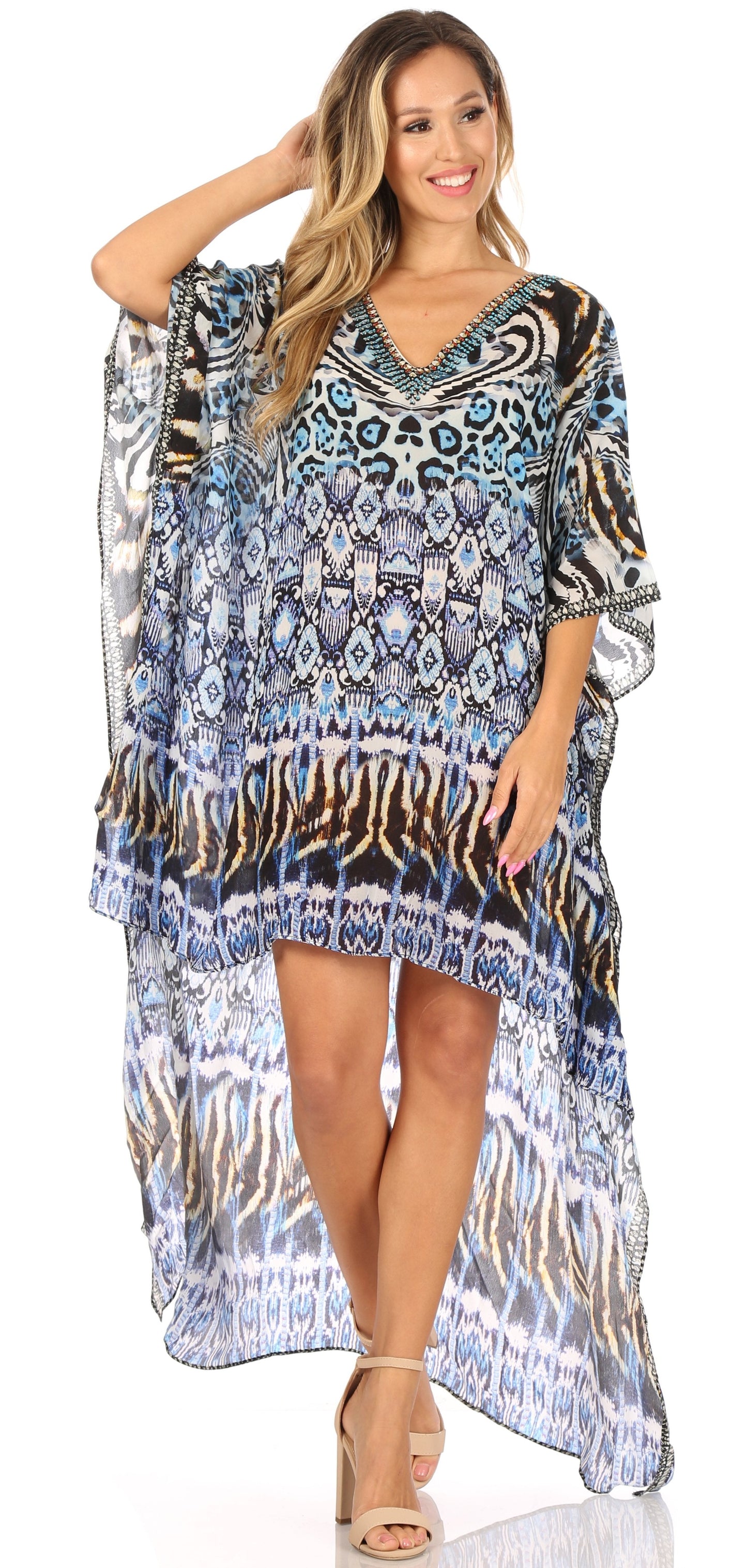 Sakkas Laisson Flowy Hi Low Caftan Rhinestone Boxy V Neck Dress Top Cover / Up - Concordia Style Boutique