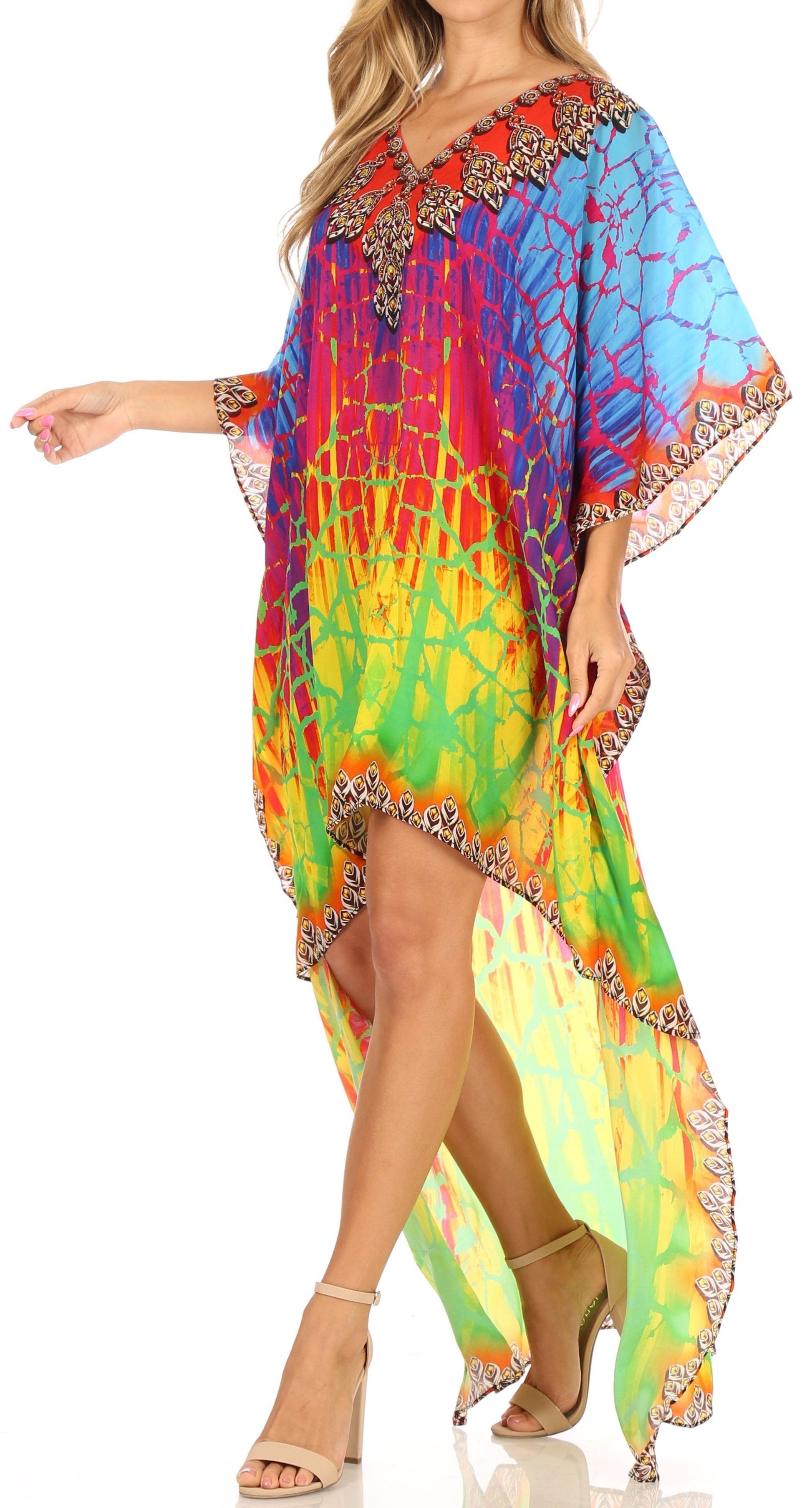Sakkas Laisson Flowy Hi Low Caftan Rhinestone Boxy V Neck Dress Top Cover / Up - Concordia Style Boutique