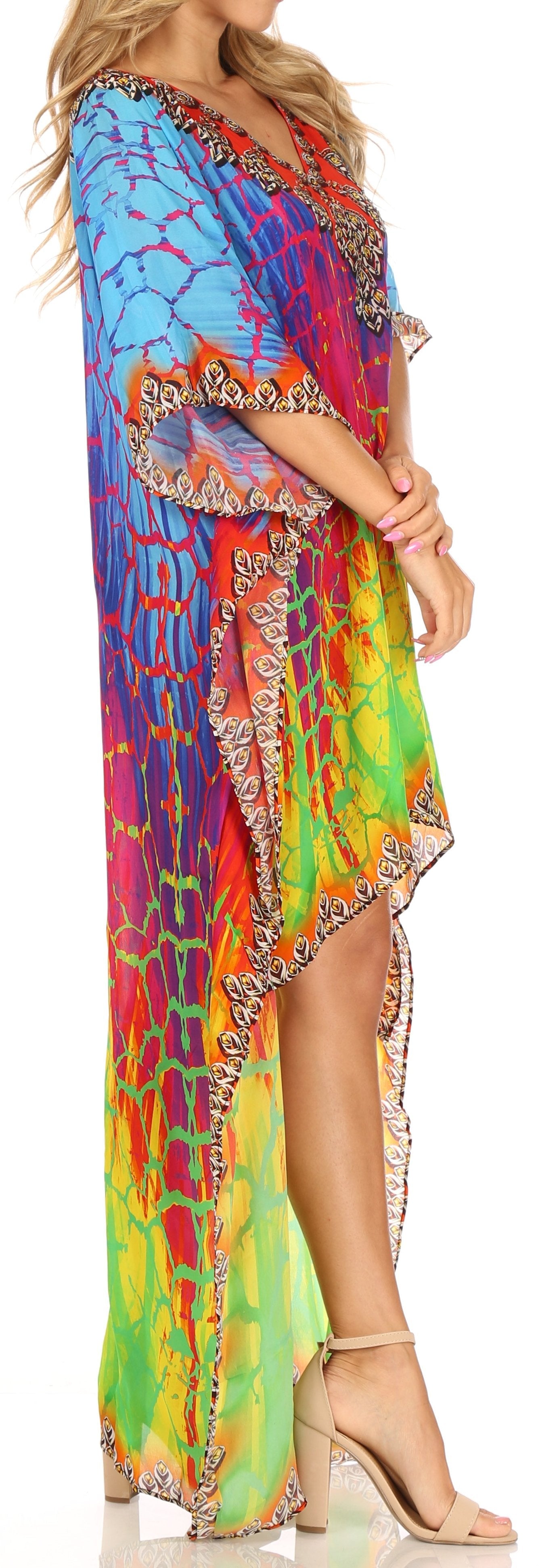 Sakkas Laisson Flowy Hi Low Caftan Rhinestone Boxy V Neck Dress Top Cover / Up - Concordia Style Boutique