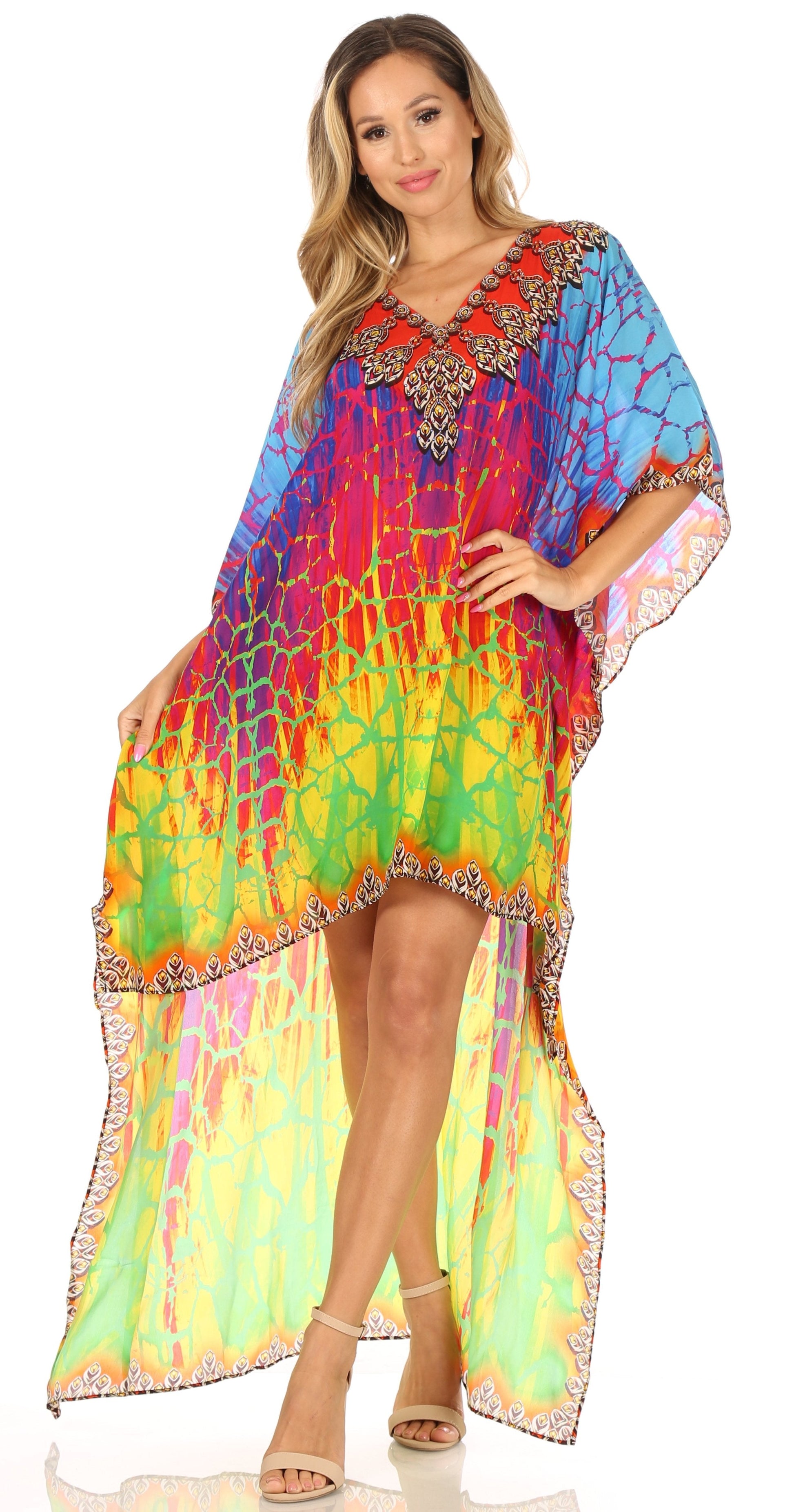 Sakkas Laisson Flowy Hi Low Caftan Rhinestone Boxy V Neck Dress Top Cover / Up - Concordia Style Boutique