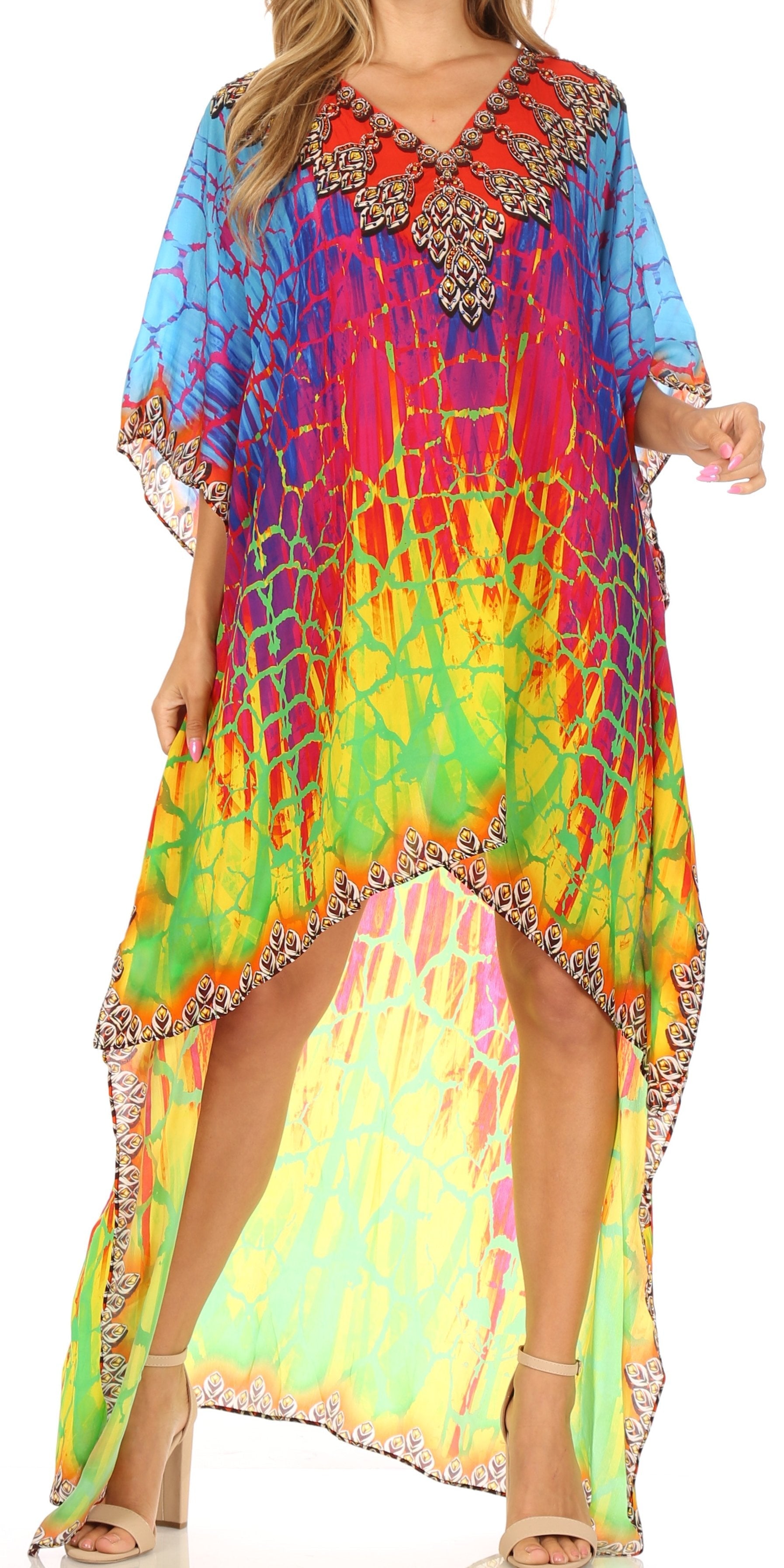Sakkas Laisson Flowy Hi Low Caftan Rhinestone Boxy V Neck Dress Top Cover / Up - Concordia Style Boutique