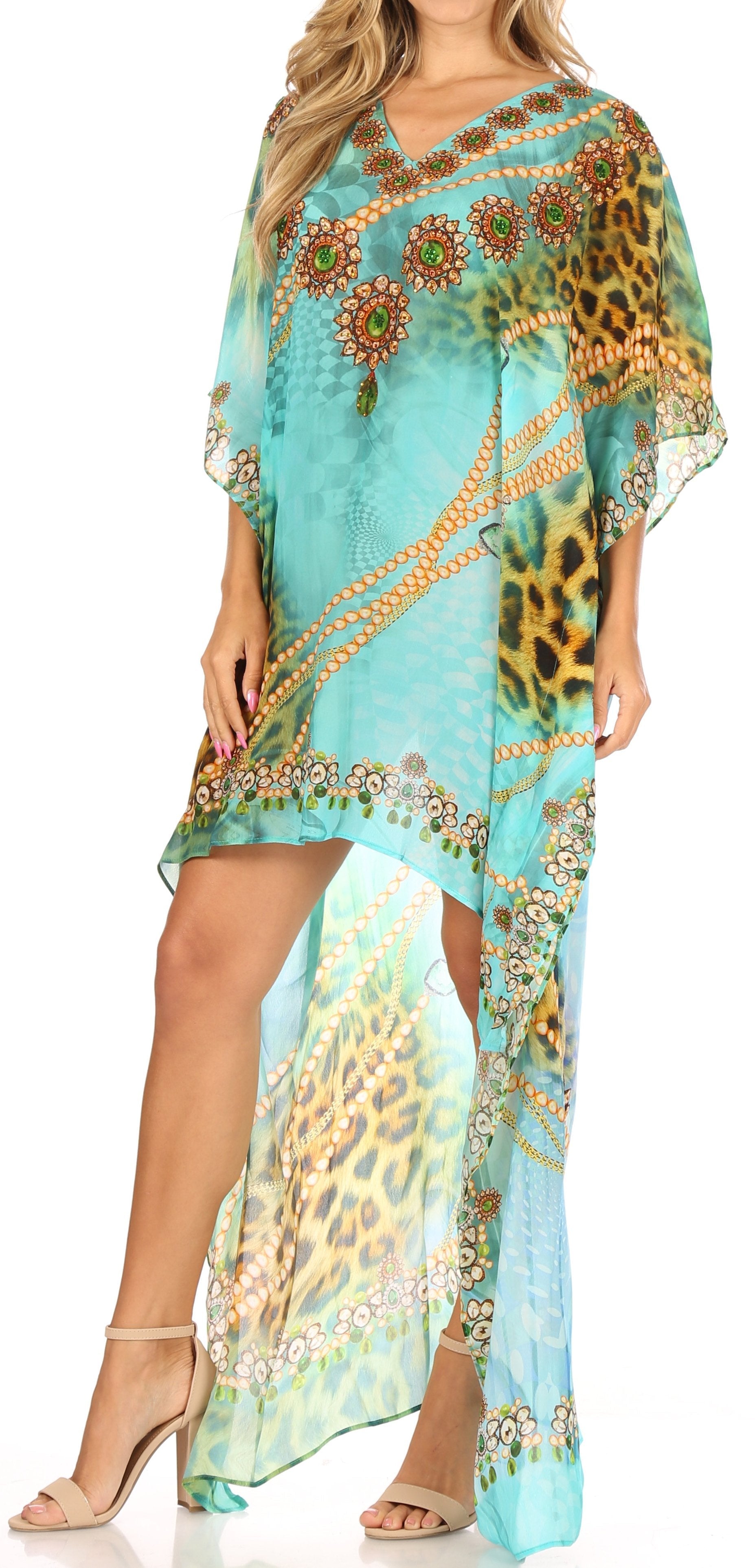 Sakkas Laisson Flowy Hi Low Caftan Rhinestone Boxy V Neck Dress Top Cover / Up - Concordia Style Boutique