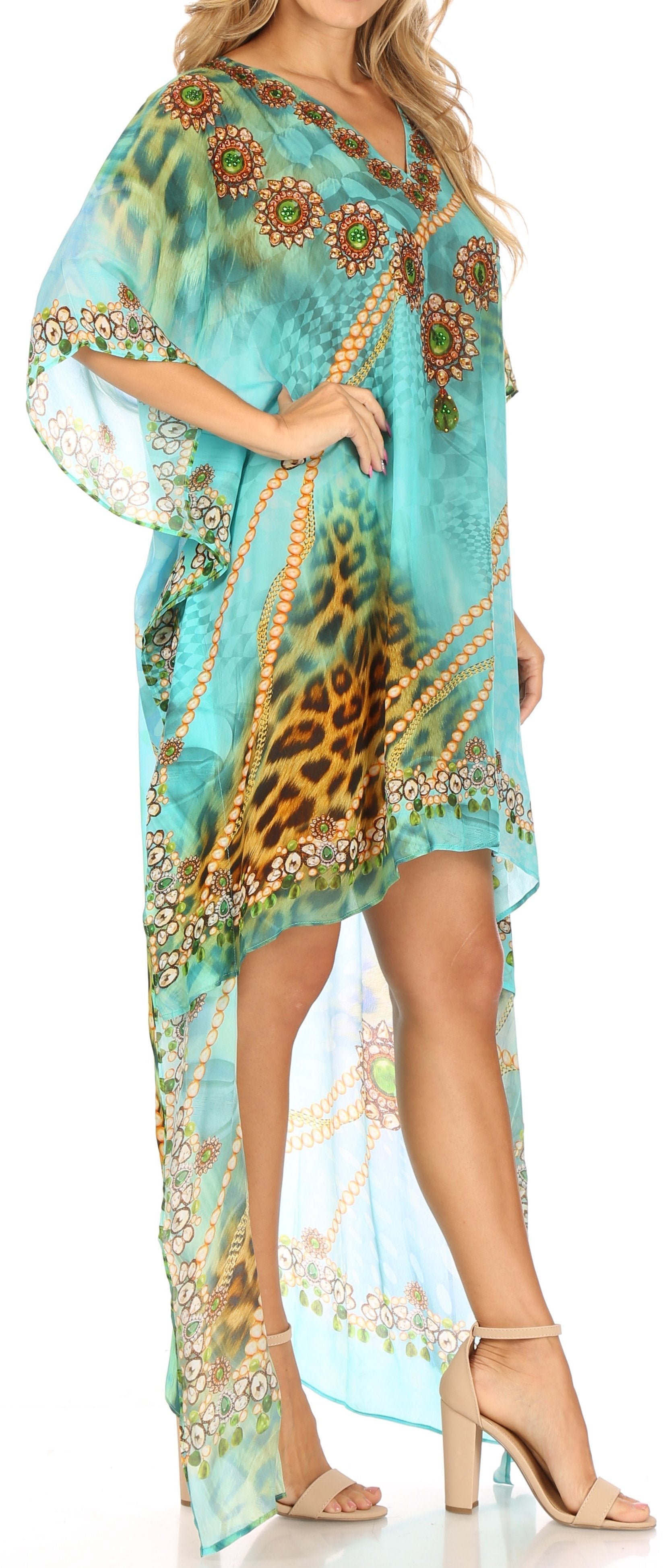 Sakkas Laisson Flowy Hi Low Caftan Rhinestone Boxy V Neck Dress Top Cover / Up - Concordia Style Boutique