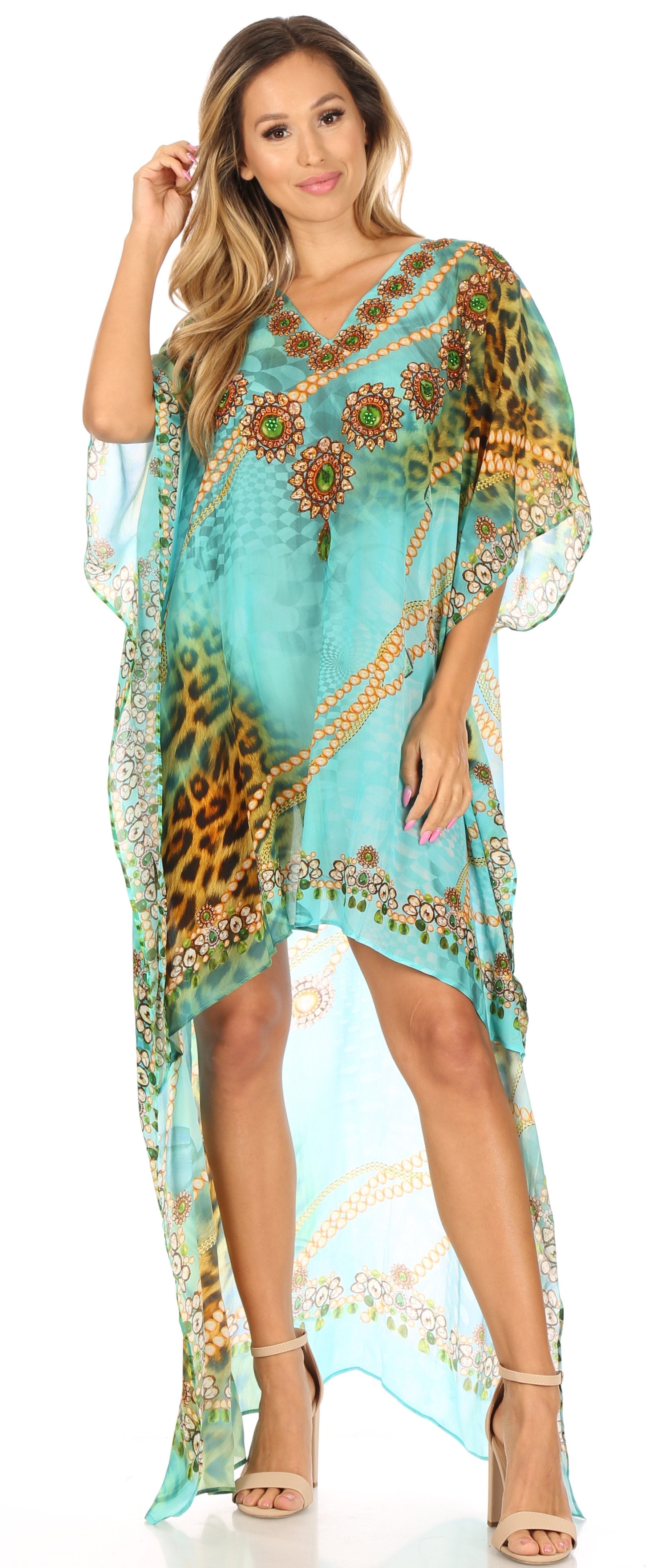 Sakkas Laisson Flowy Hi Low Caftan Rhinestone Boxy V Neck Dress Top Cover / Up - Concordia Style Boutique