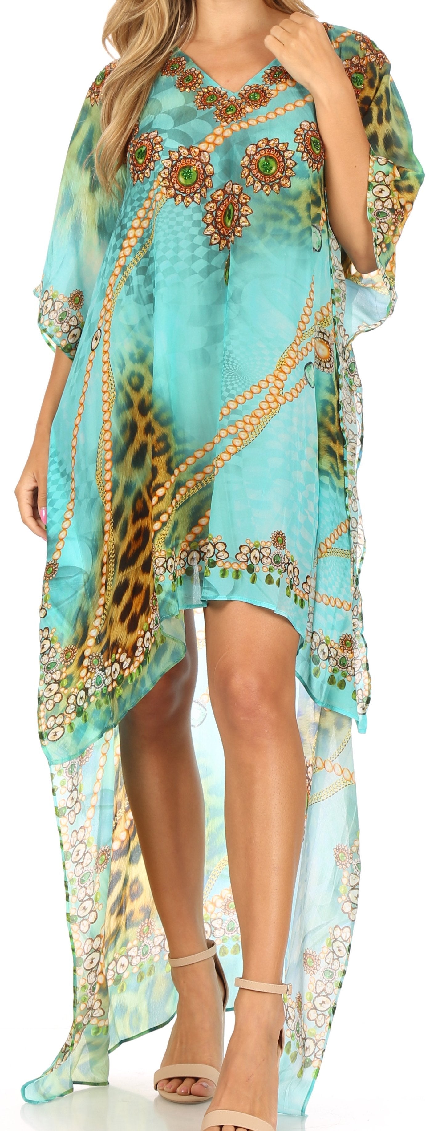 Sakkas Laisson Flowy Hi Low Caftan Rhinestone Boxy V Neck Dress Top Cover / Up - Concordia Style Boutique