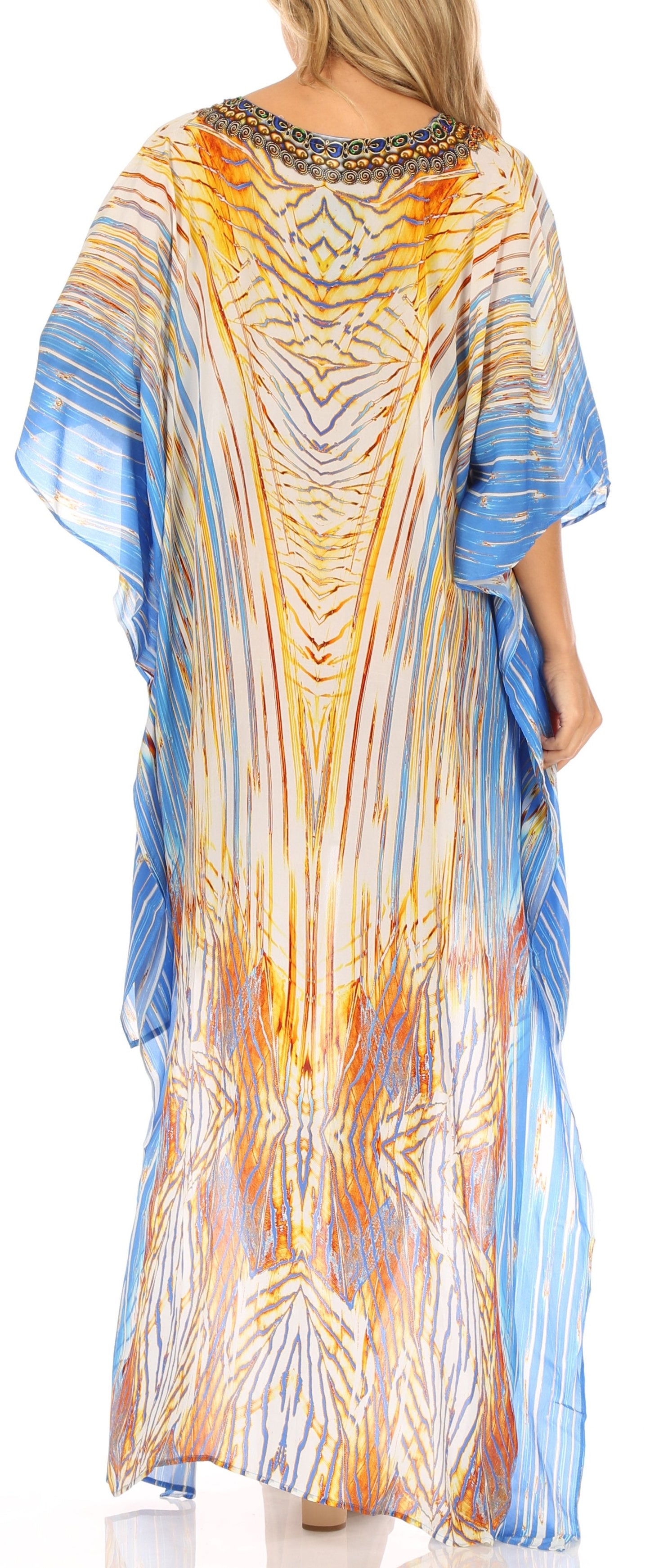 Sakkas Laisson Flowy Hi Low Caftan Rhinestone Boxy V Neck Dress Top Cover / Up - Concordia Style Boutique
