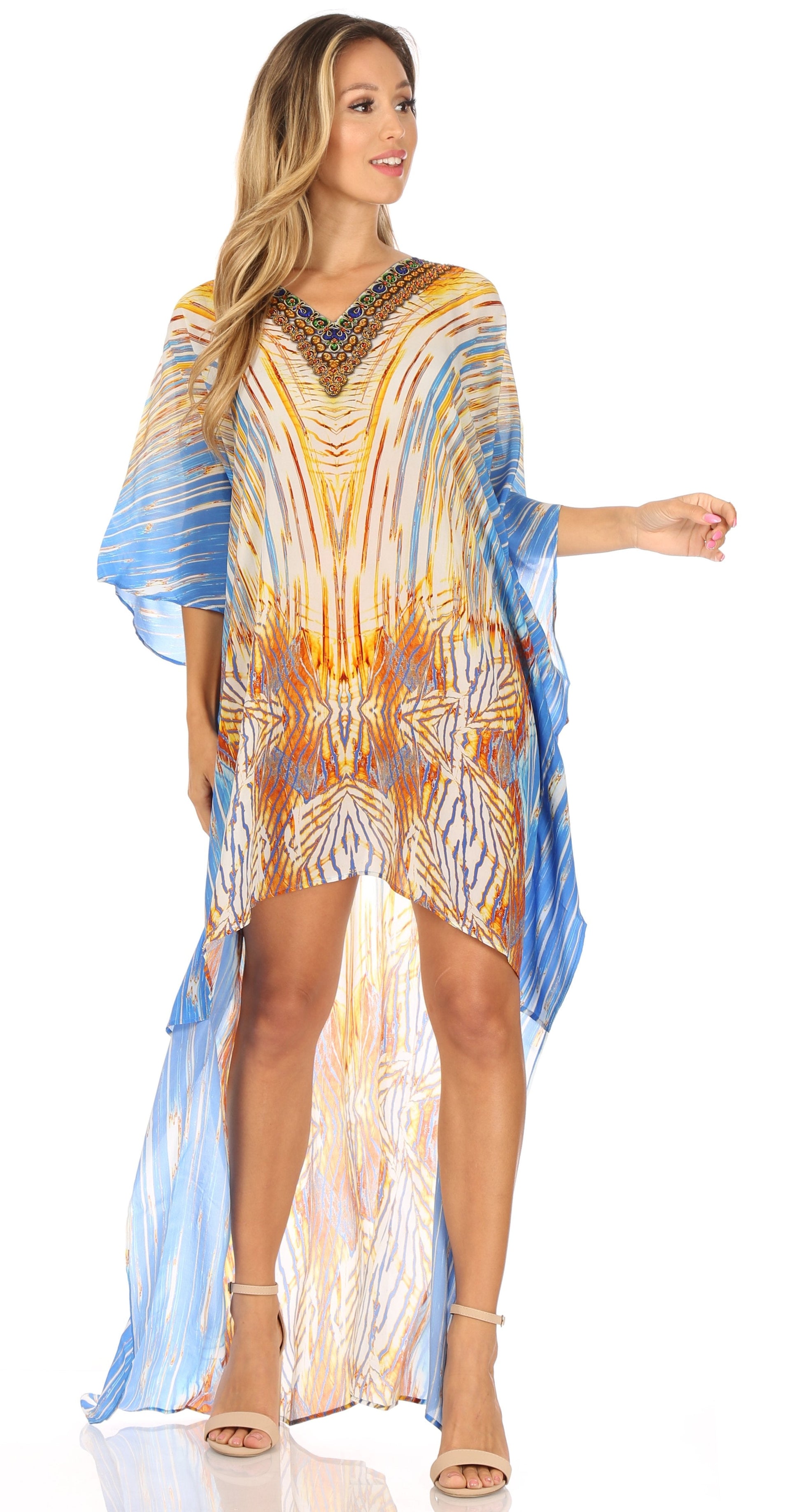 Sakkas Laisson Flowy Hi Low Caftan Rhinestone Boxy V Neck Dress Top Cover / Up - Concordia Style Boutique