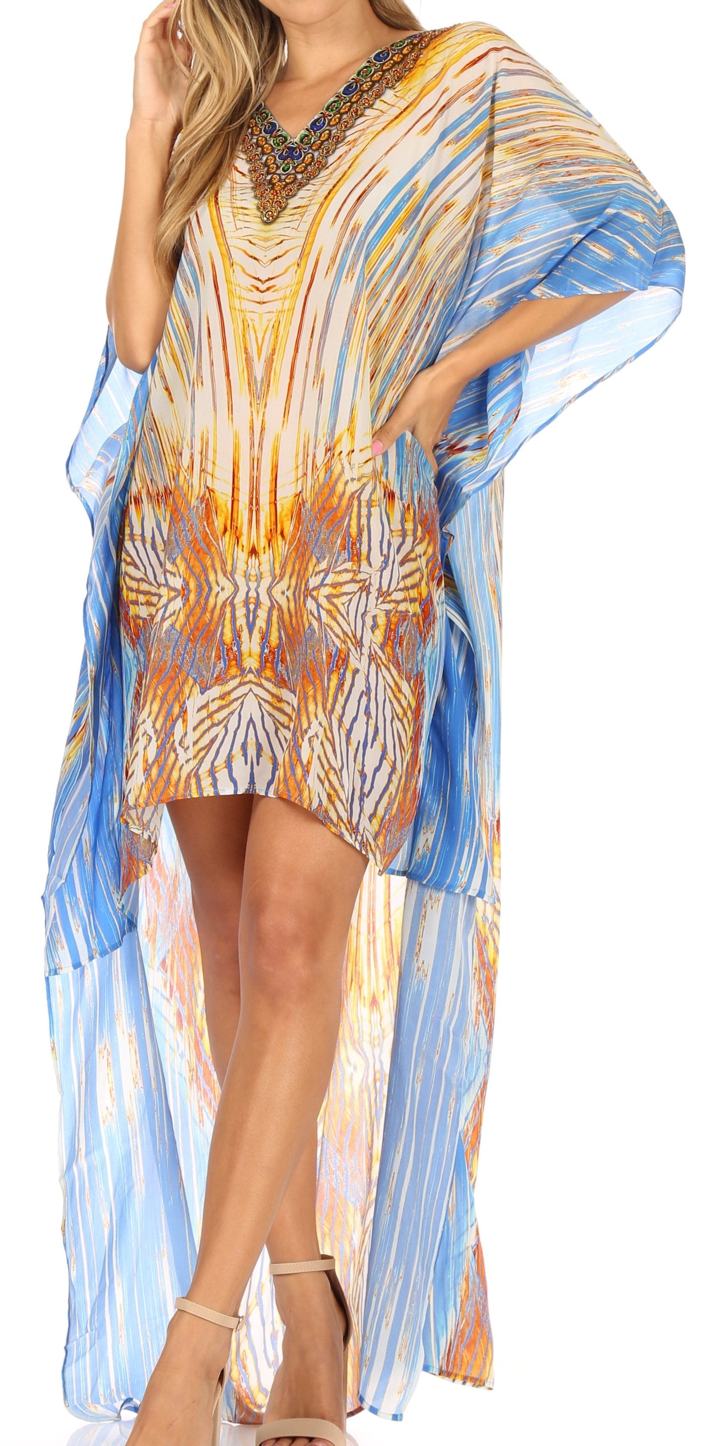 Sakkas Laisson Flowy Hi Low Caftan Rhinestone Boxy V Neck Dress Top Cover / Up - Concordia Style Boutique