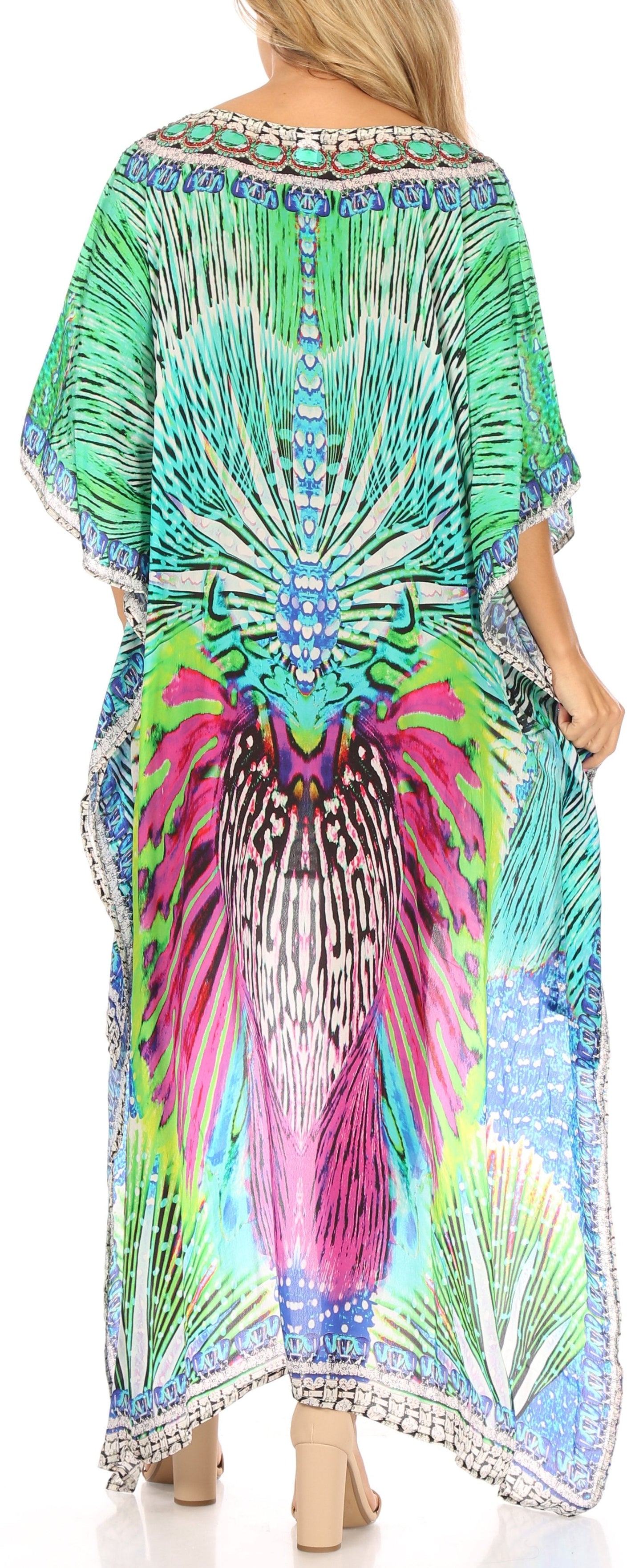 Sakkas Laisson Flowy Hi Low Caftan Rhinestone Boxy V Neck Dress Top Cover / Up - Concordia Style Boutique