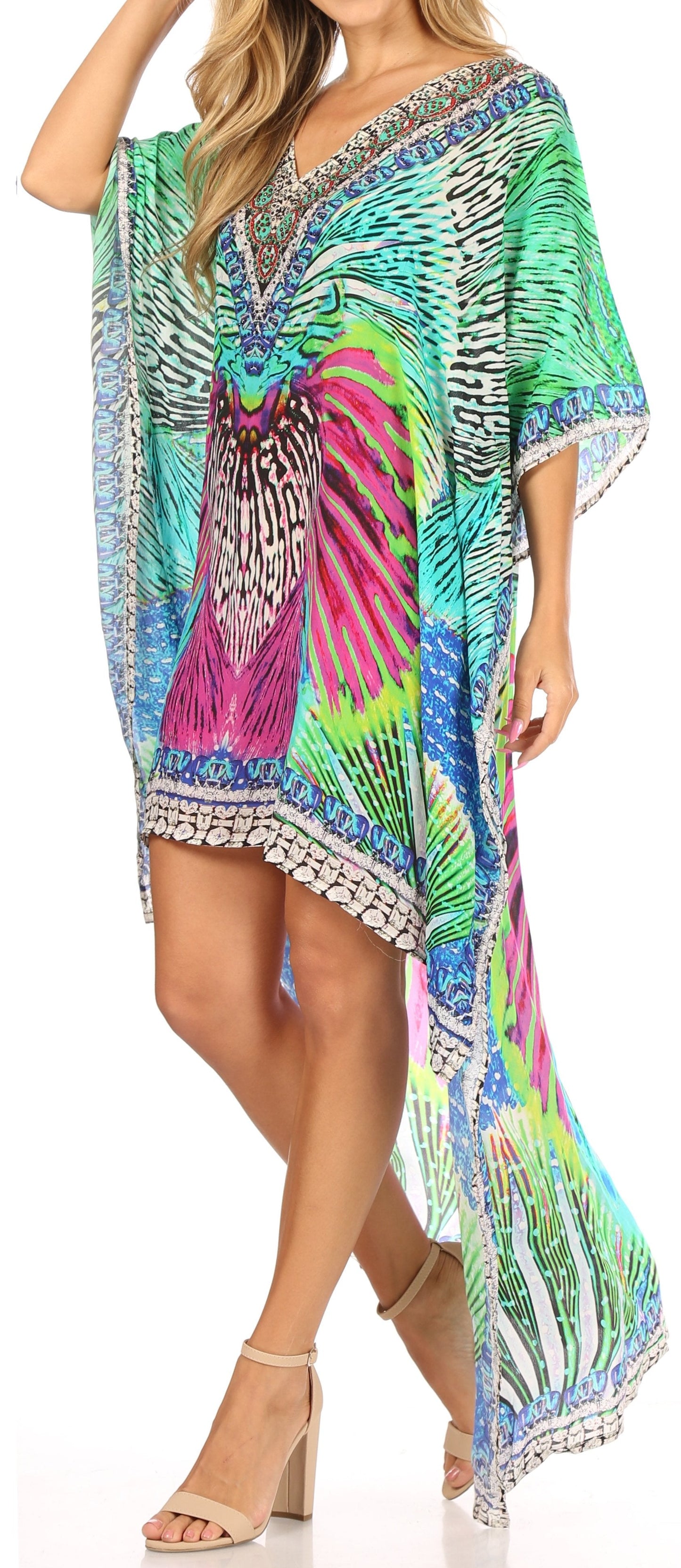 Sakkas Laisson Flowy Hi Low Caftan Rhinestone Boxy V Neck Dress Top Cover / Up - Concordia Style Boutique