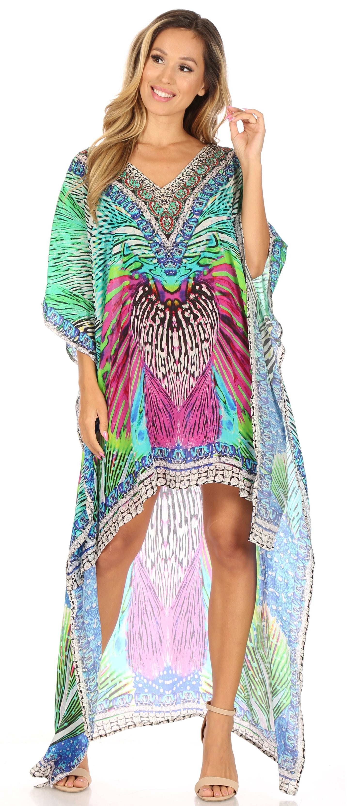 Sakkas Laisson Flowy Hi Low Caftan Rhinestone Boxy V Neck Dress Top Cover / Up - Concordia Style Boutique