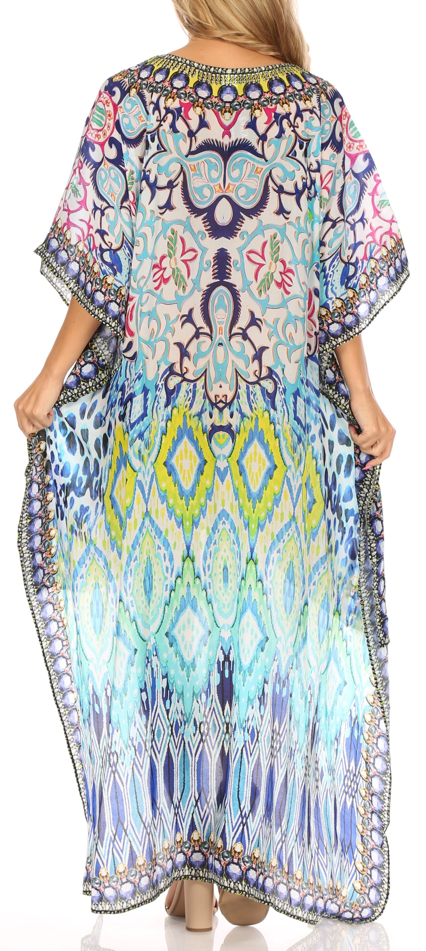Sakkas Laisson Flowy Hi Low Caftan Rhinestone Boxy V Neck Dress Top Cover / Up - Concordia Style Boutique