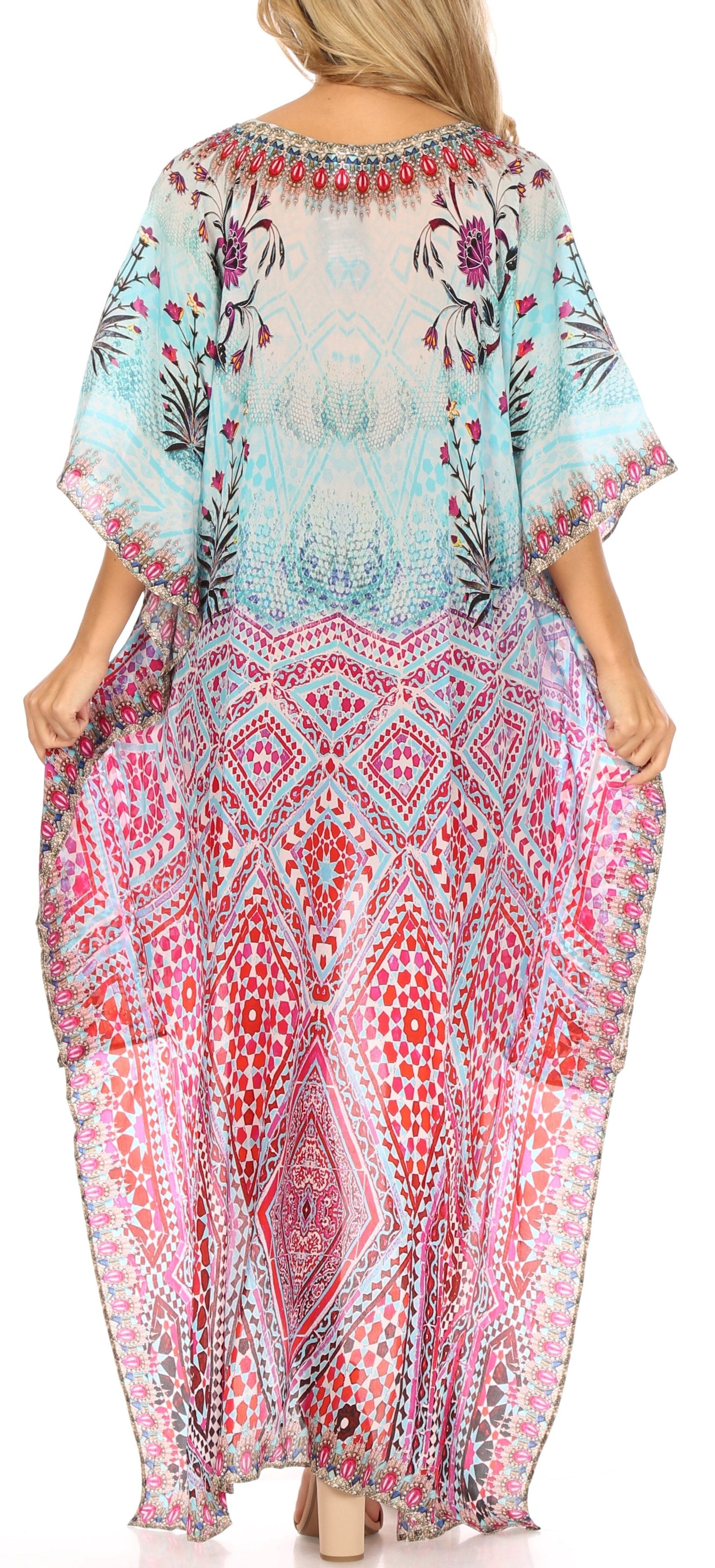 Sakkas Laisson Flowy Hi Low Caftan Rhinestone Boxy V Neck Dress Top Cover / Up - Concordia Style Boutique