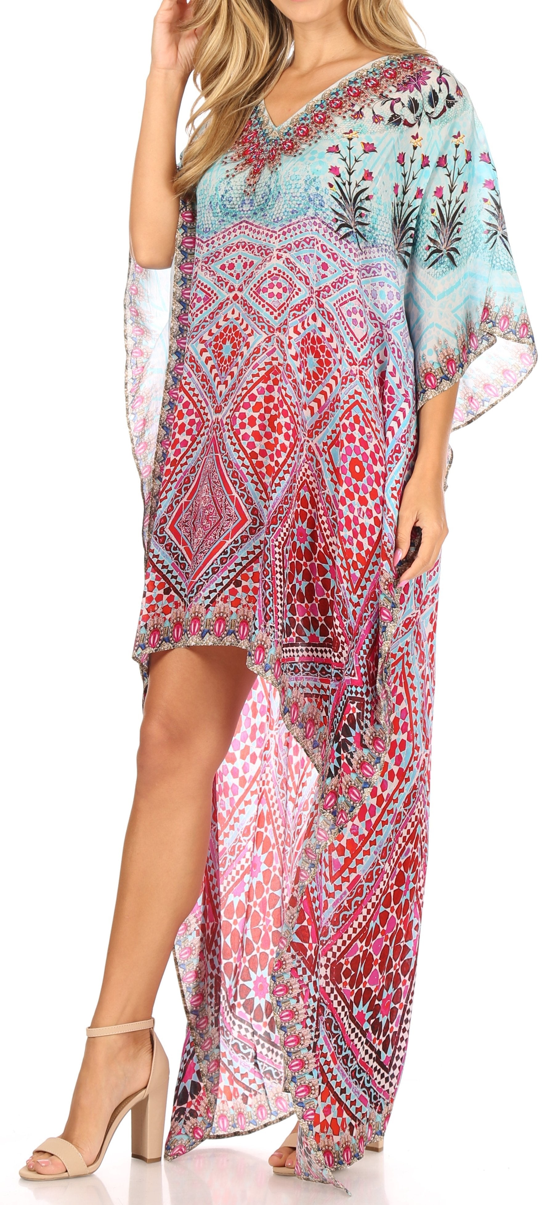Sakkas Laisson Flowy Hi Low Caftan Rhinestone Boxy V Neck Dress Top Cover / Up - Concordia Style Boutique