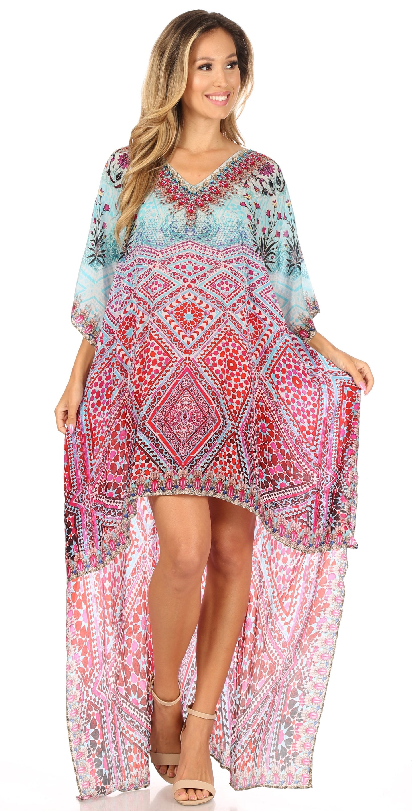 Sakkas Laisson Flowy Hi Low Caftan Rhinestone Boxy V Neck Dress Top Cover / Up - Concordia Style Boutique