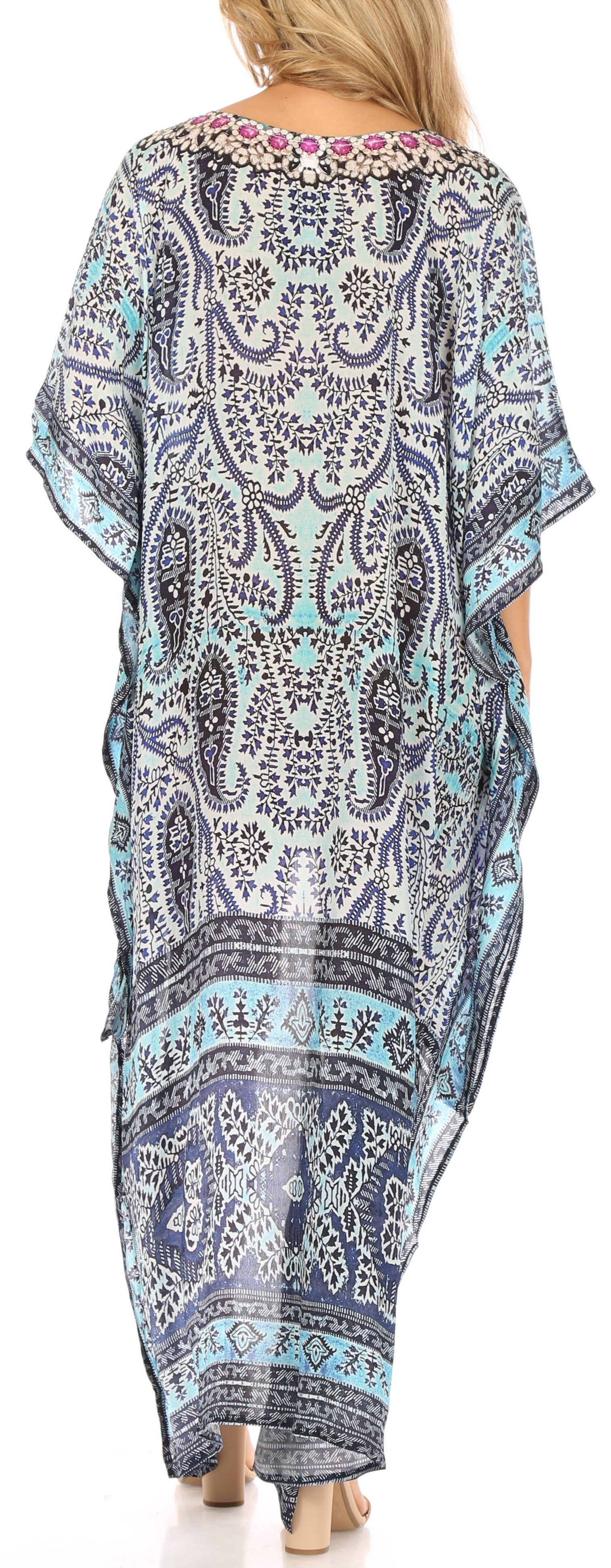 Sakkas Laisson Flowy Hi Low Caftan Rhinestone Boxy V Neck Dress Top Cover / Up - Concordia Style Boutique