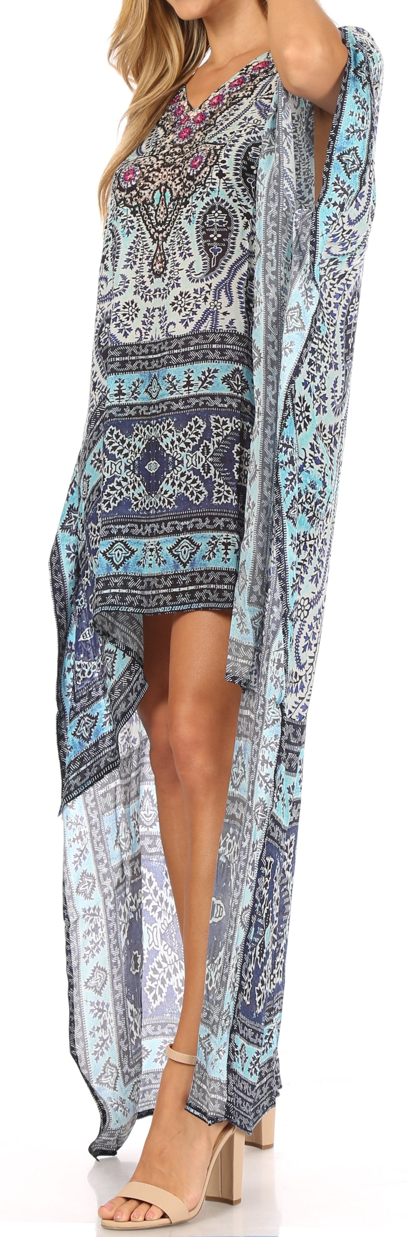 Sakkas Laisson Flowy Hi Low Caftan Rhinestone Boxy V Neck Dress Top Cover / Up - Concordia Style Boutique