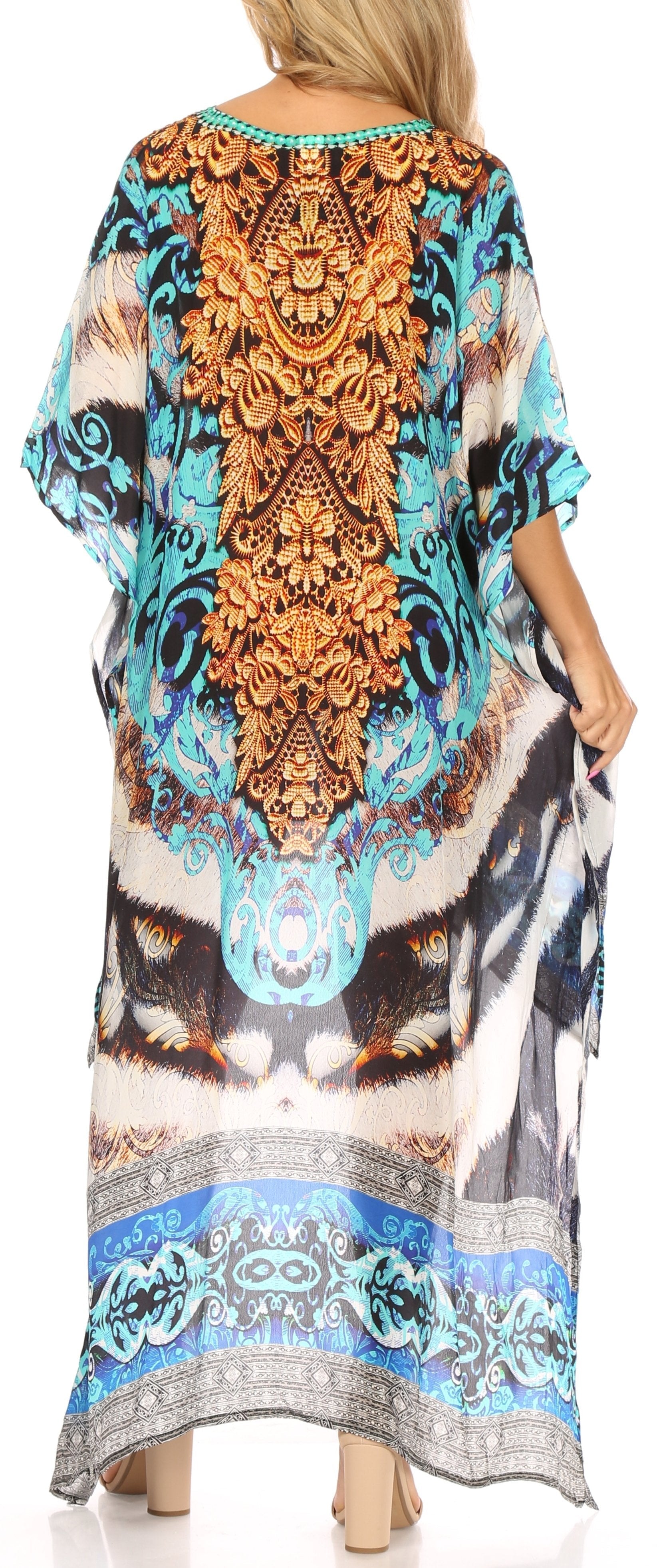 Sakkas Laisson Flowy Hi Low Caftan Rhinestone Boxy V Neck Dress Top Cover / Up - Concordia Style Boutique