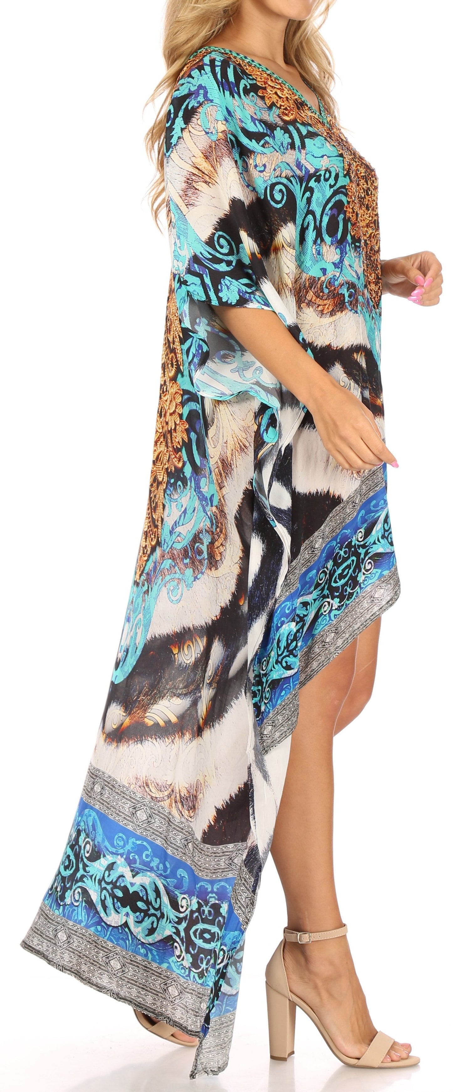 Sakkas Laisson Flowy Hi Low Caftan Rhinestone Boxy V Neck Dress Top Cover / Up - Concordia Style Boutique
