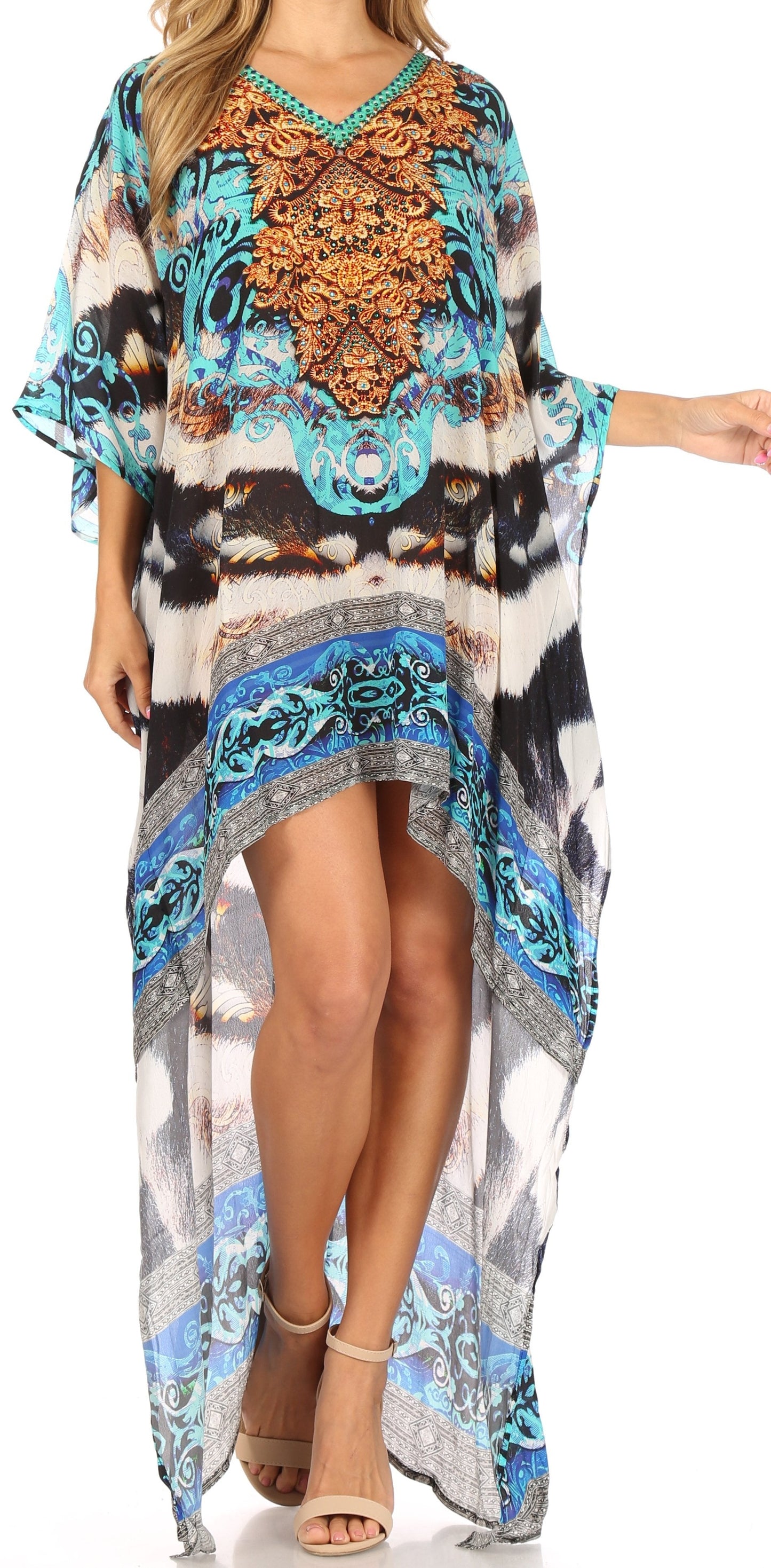 Sakkas Laisson Flowy Hi Low Caftan Rhinestone Boxy V Neck Dress Top Cover / Up - Concordia Style Boutique