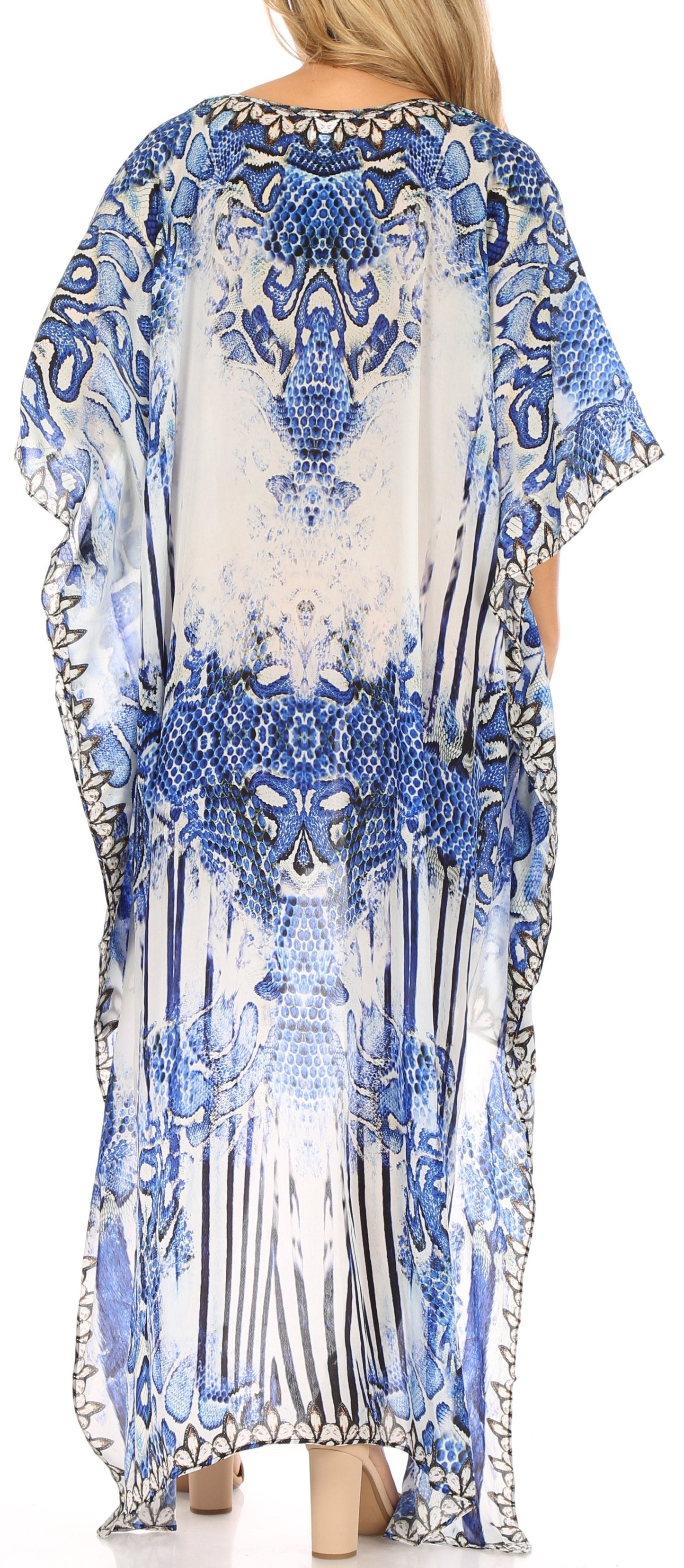 Sakkas Laisson Flowy Hi Low Caftan Rhinestone Boxy V Neck Dress Top Cover / Up - Concordia Style Boutique
