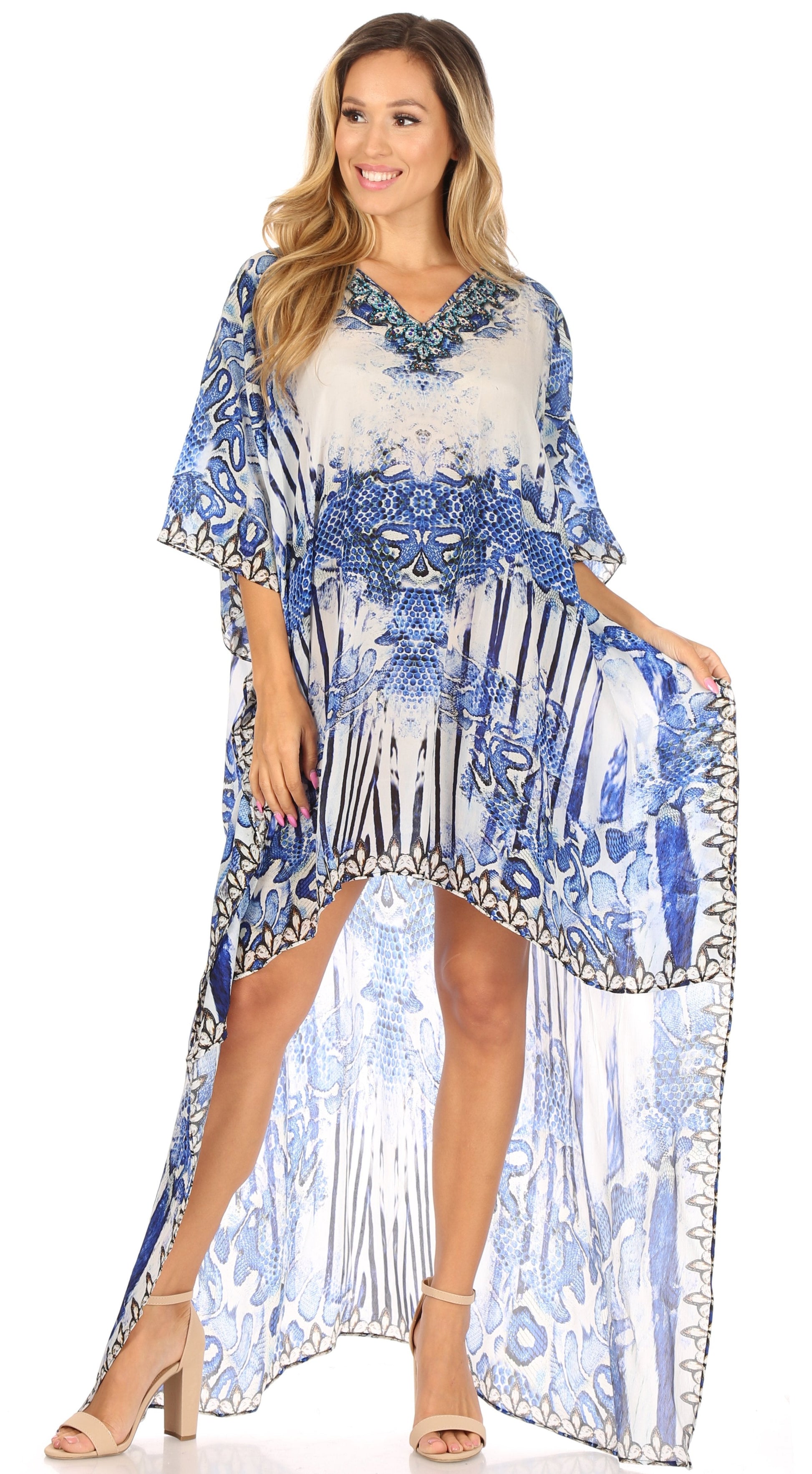 Sakkas Laisson Flowy Hi Low Caftan Rhinestone Boxy V Neck Dress Top Cover / Up - Concordia Style Boutique