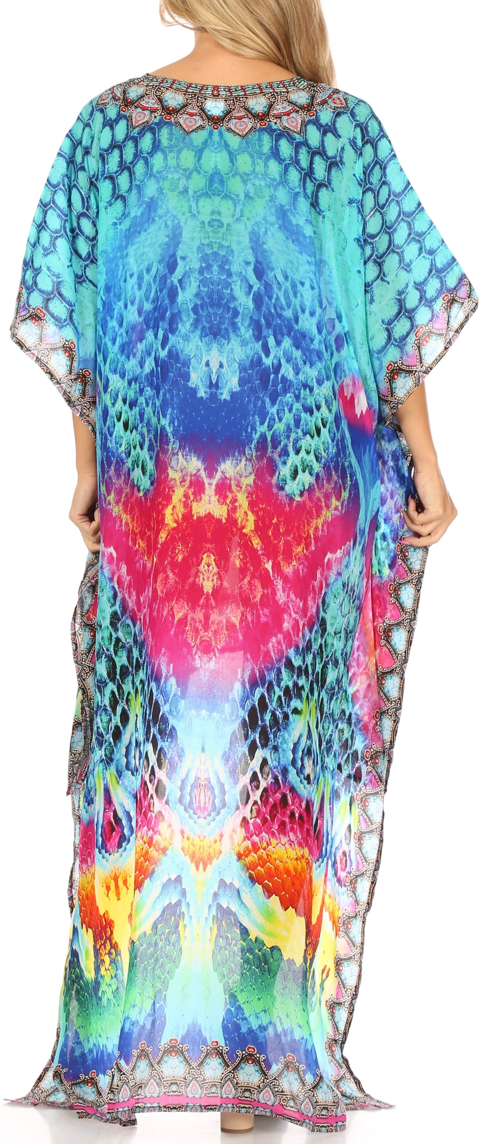 Sakkas Laisson Flowy Hi Low Caftan Rhinestone Boxy V Neck Dress Top Cover / Up - Concordia Style Boutique