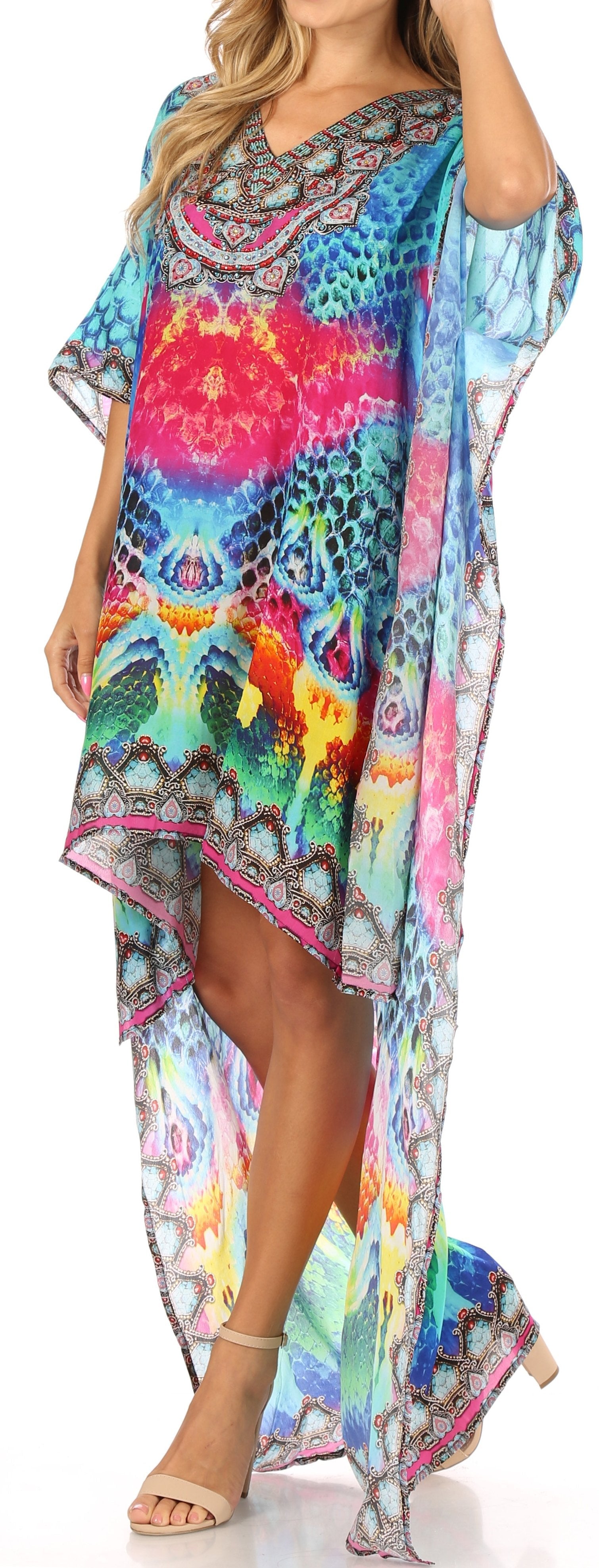 Sakkas Laisson Flowy Hi Low Caftan Rhinestone Boxy V Neck Dress Top Cover / Up - Concordia Style Boutique