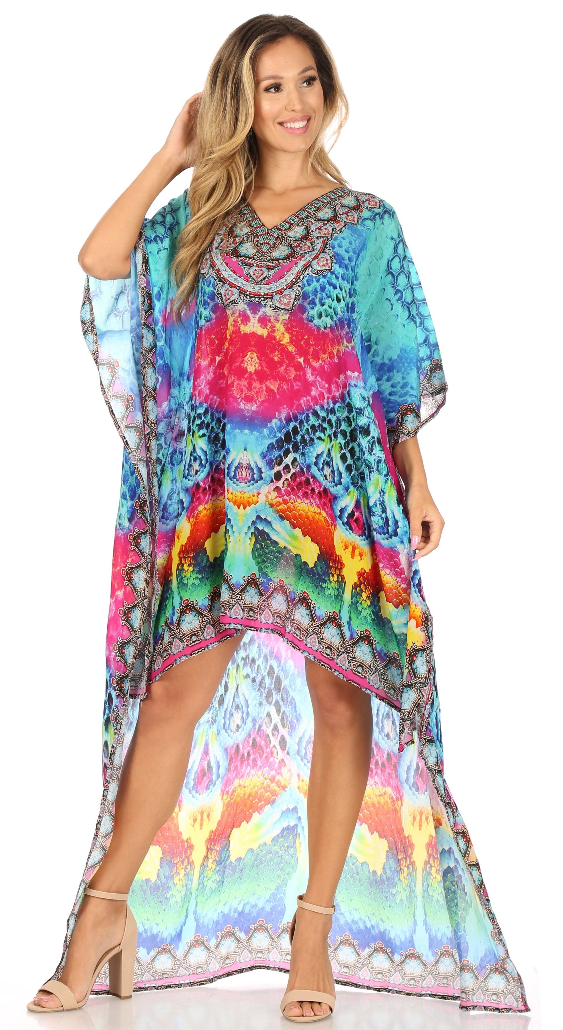 Sakkas Laisson Flowy Hi Low Caftan Rhinestone Boxy V Neck Dress Top Cover / Up - Concordia Style Boutique