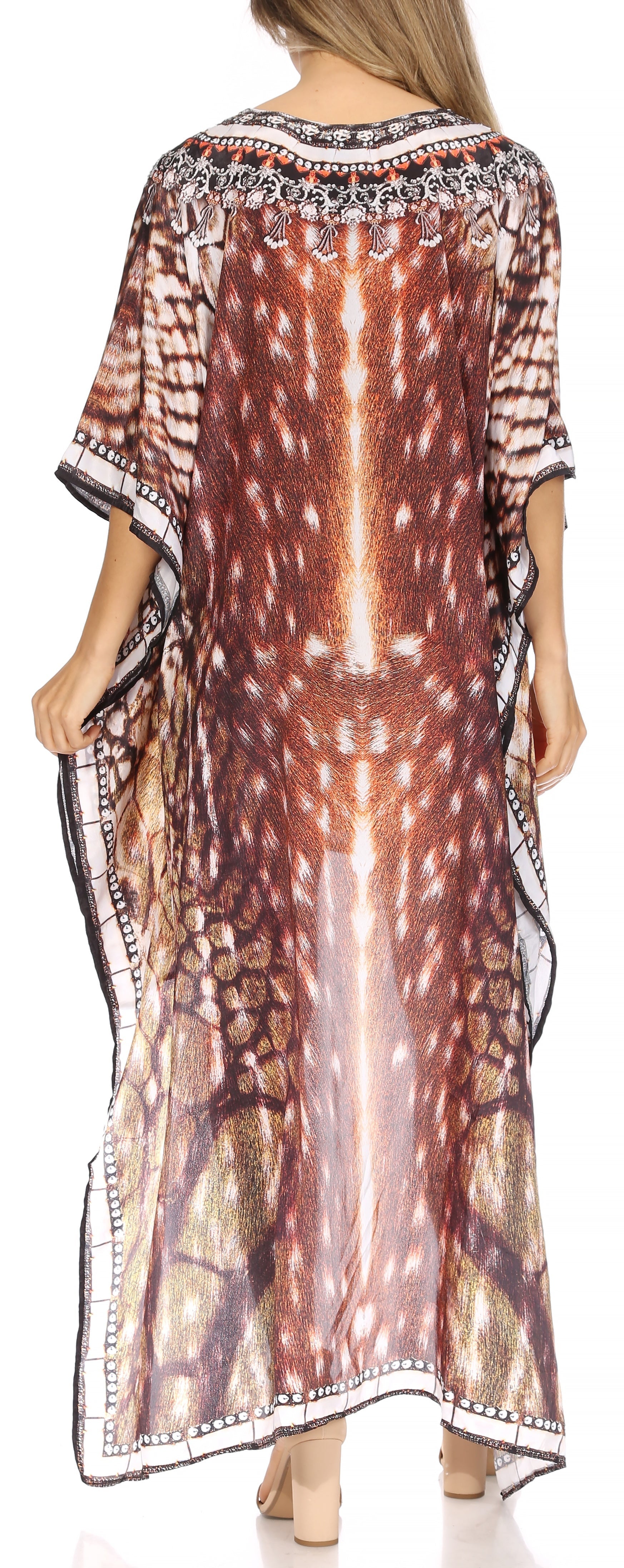 Sakkas Laisson Flowy Hi Low Caftan Rhinestone Boxy V Neck Dress Top Cover / Up - Concordia Style Boutique