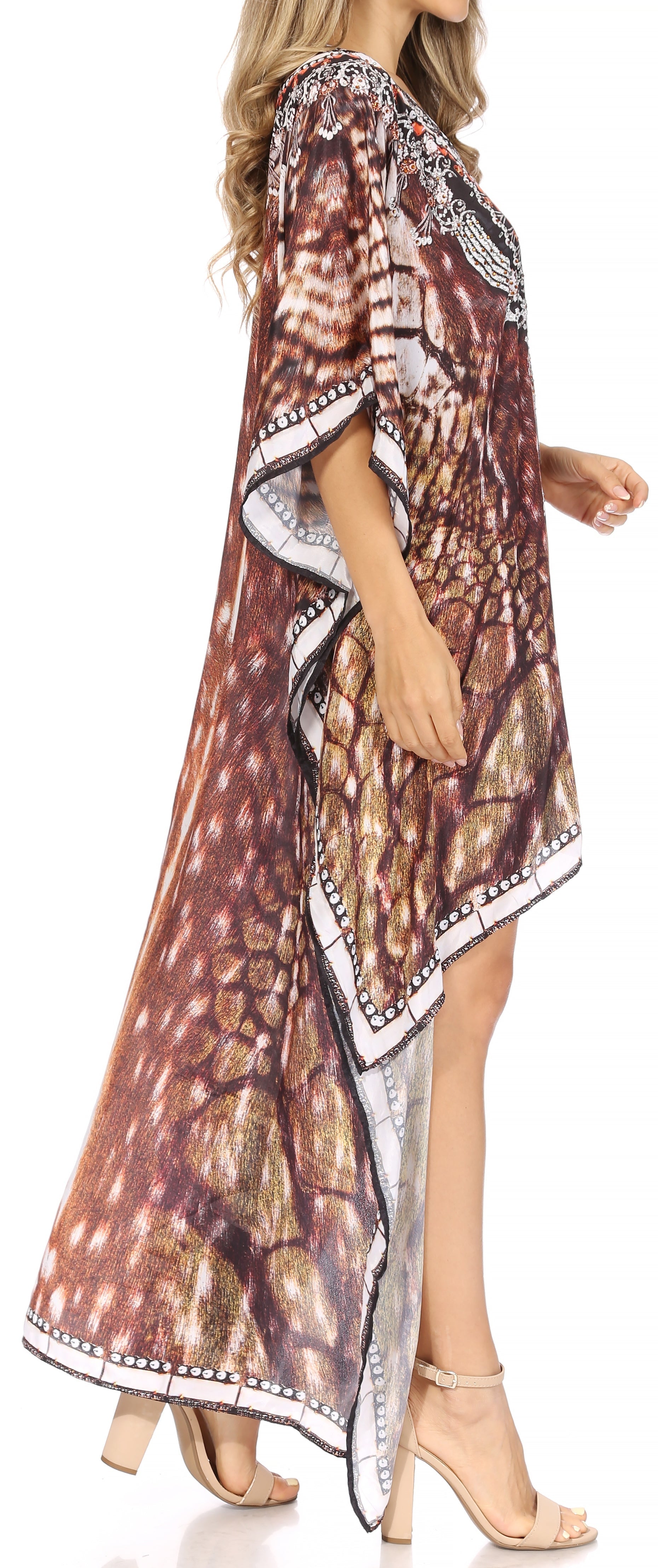 Sakkas Laisson Flowy Hi Low Caftan Rhinestone Boxy V Neck Dress Top Cover / Up - Concordia Style Boutique