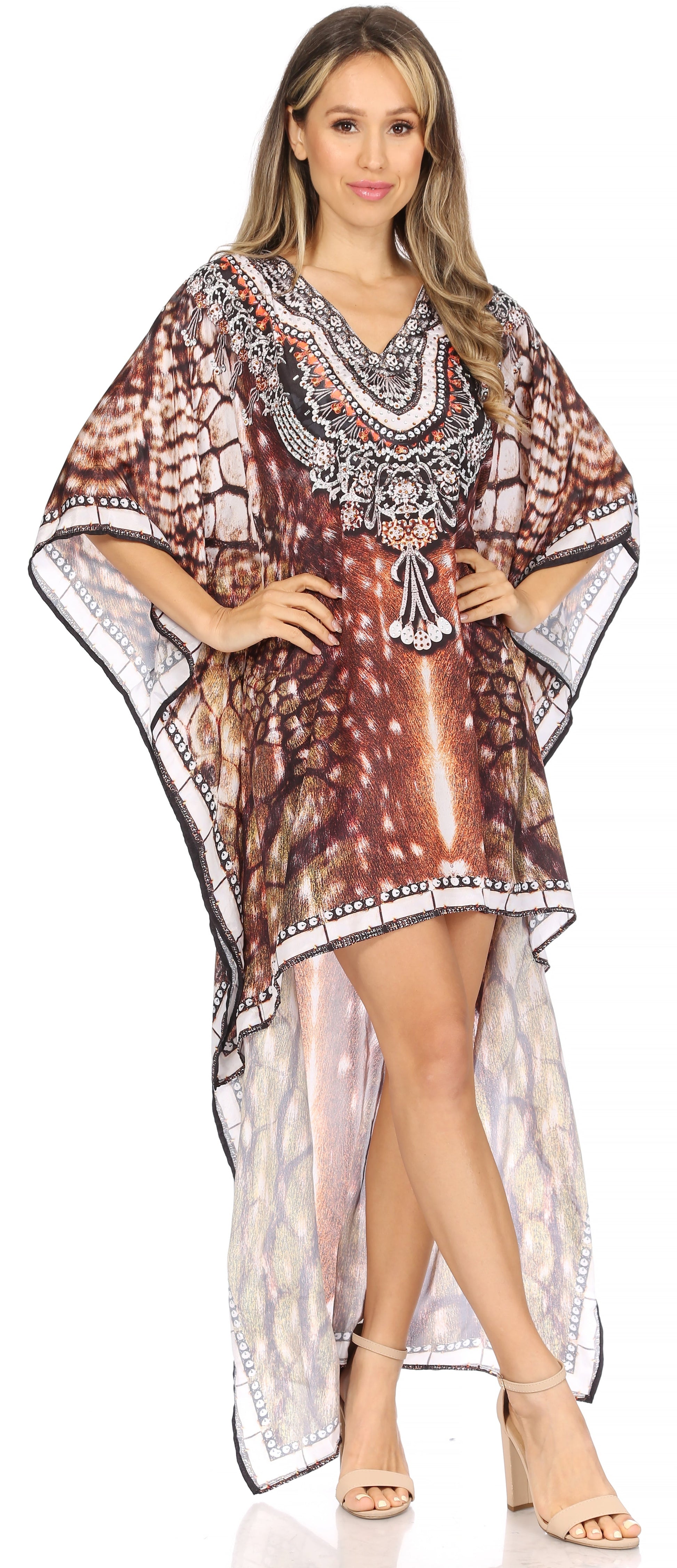 Sakkas Laisson Flowy Hi Low Caftan Rhinestone Boxy V Neck Dress Top Cover / Up - Concordia Style Boutique