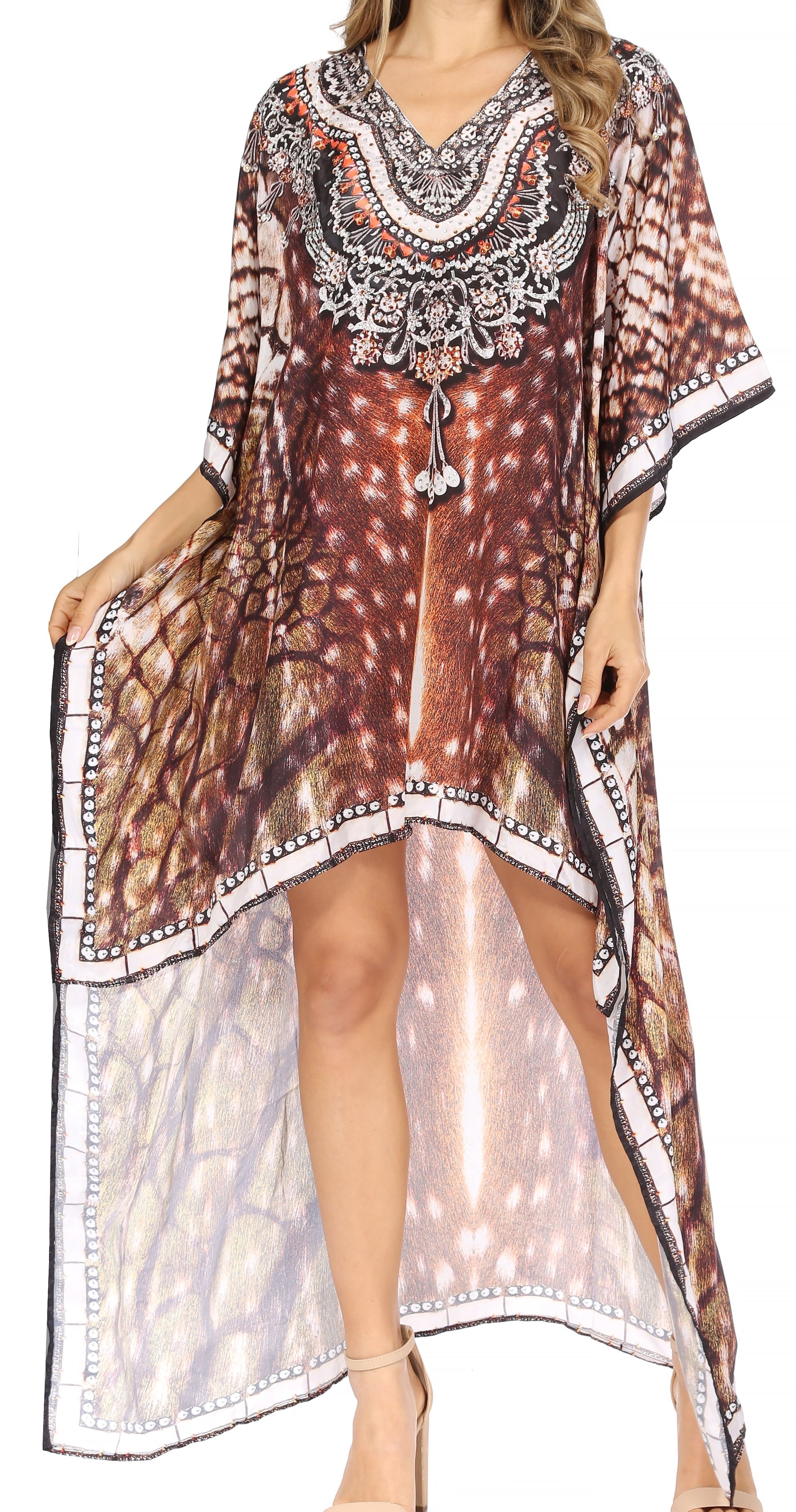 Sakkas Laisson Flowy Hi Low Caftan Rhinestone Boxy V Neck Dress Top Cover / Up - Concordia Style Boutique