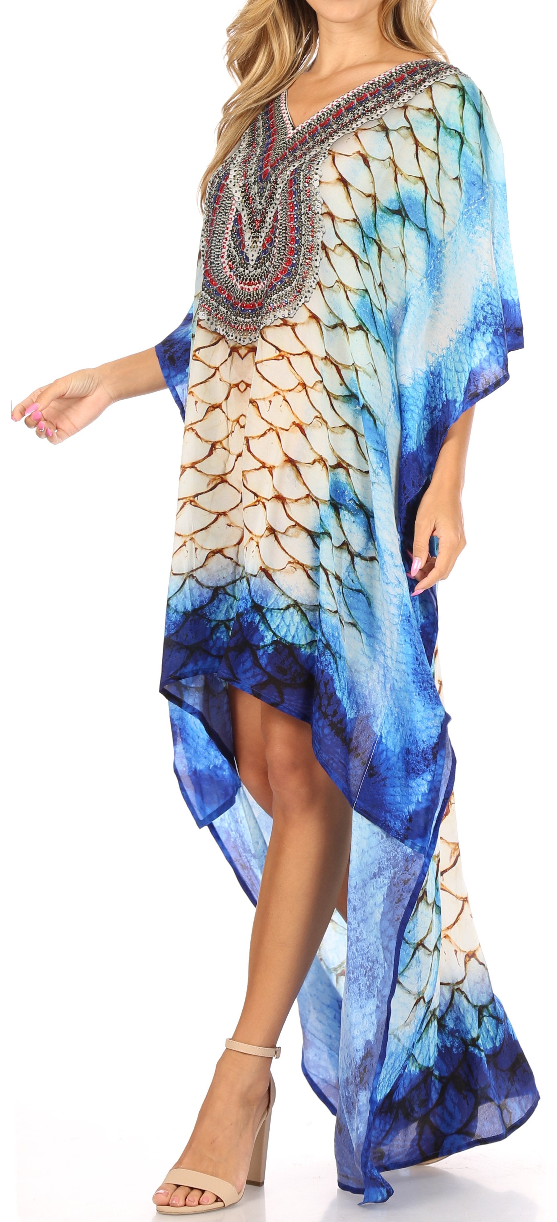 Sakkas Laisson Flowy Hi Low Caftan Rhinestone Boxy V Neck Dress Top Cover / Up - Concordia Style Boutique