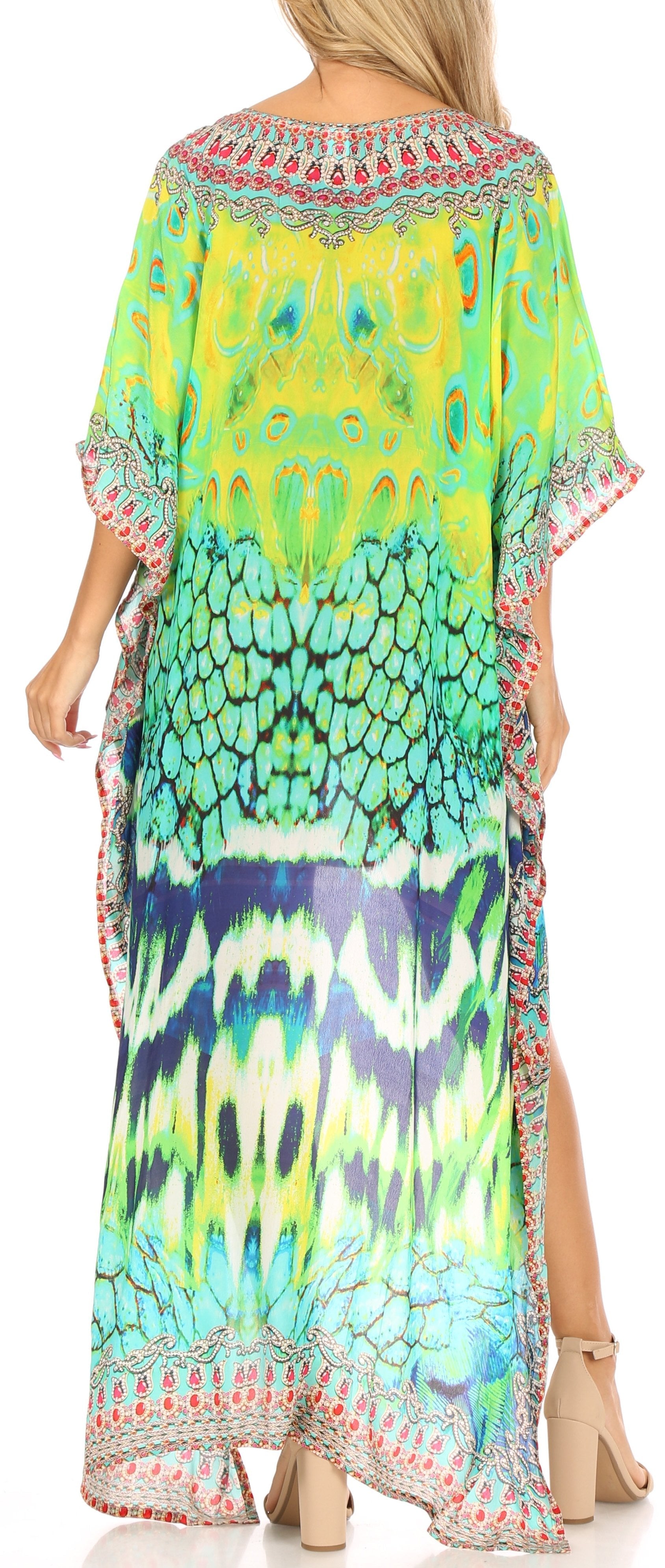 Sakkas Laisson Flowy Hi Low Caftan Rhinestone Boxy V Neck Dress Top Cover / Up - Concordia Style Boutique