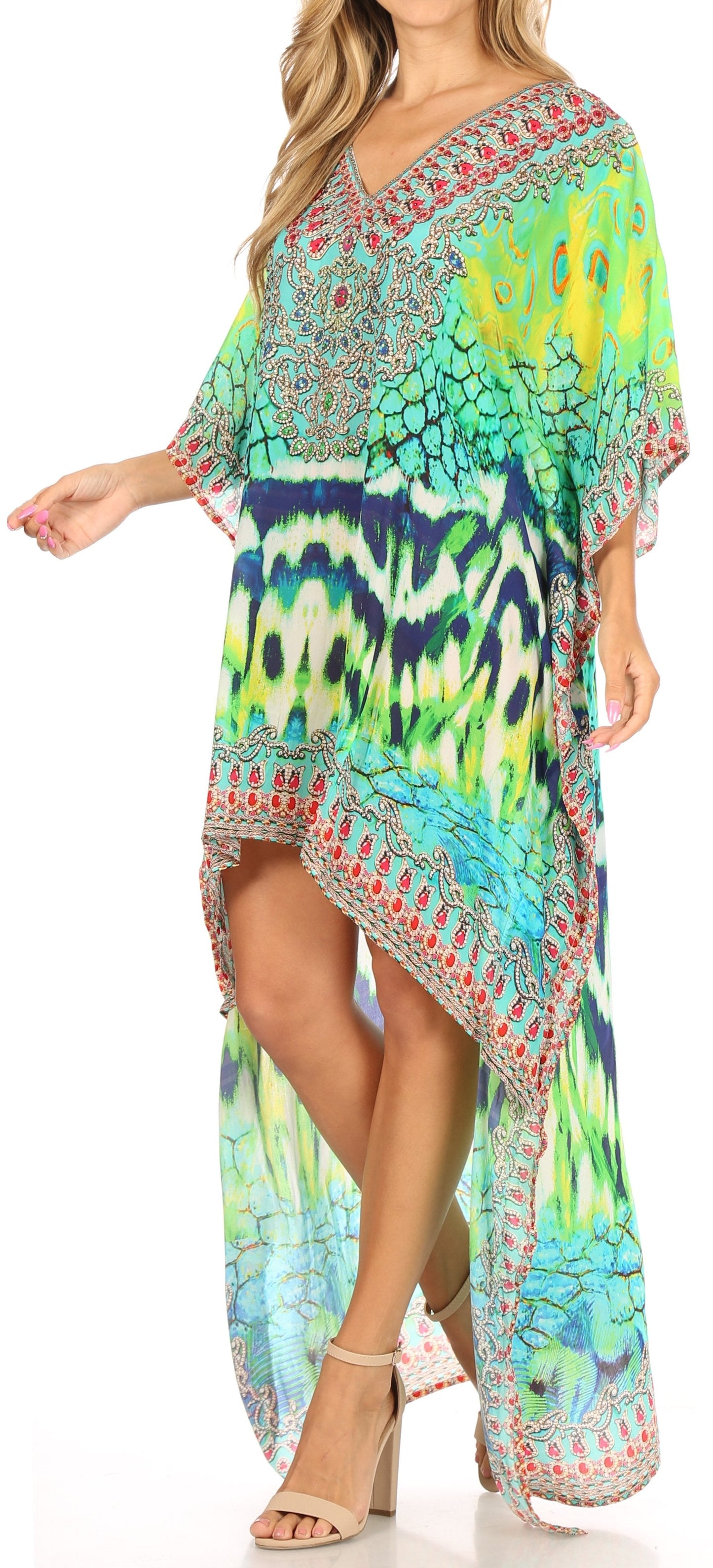 Sakkas Laisson Flowy Hi Low Caftan Rhinestone Boxy V Neck Dress Top Cover / Up - Concordia Style Boutique