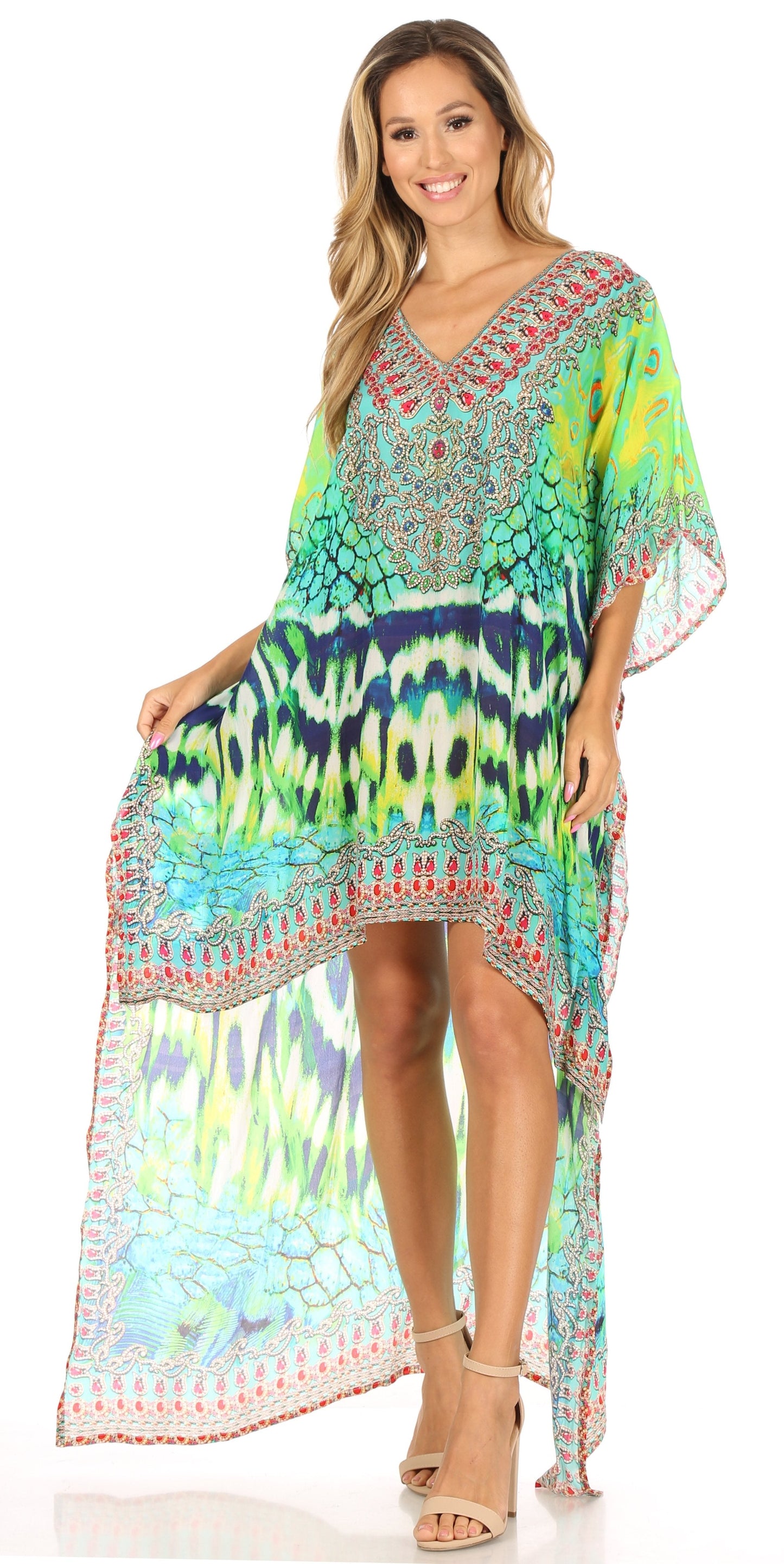 Sakkas Laisson Flowy Hi Low Caftan Rhinestone Boxy V Neck Dress Top Cover / Up - Concordia Style Boutique