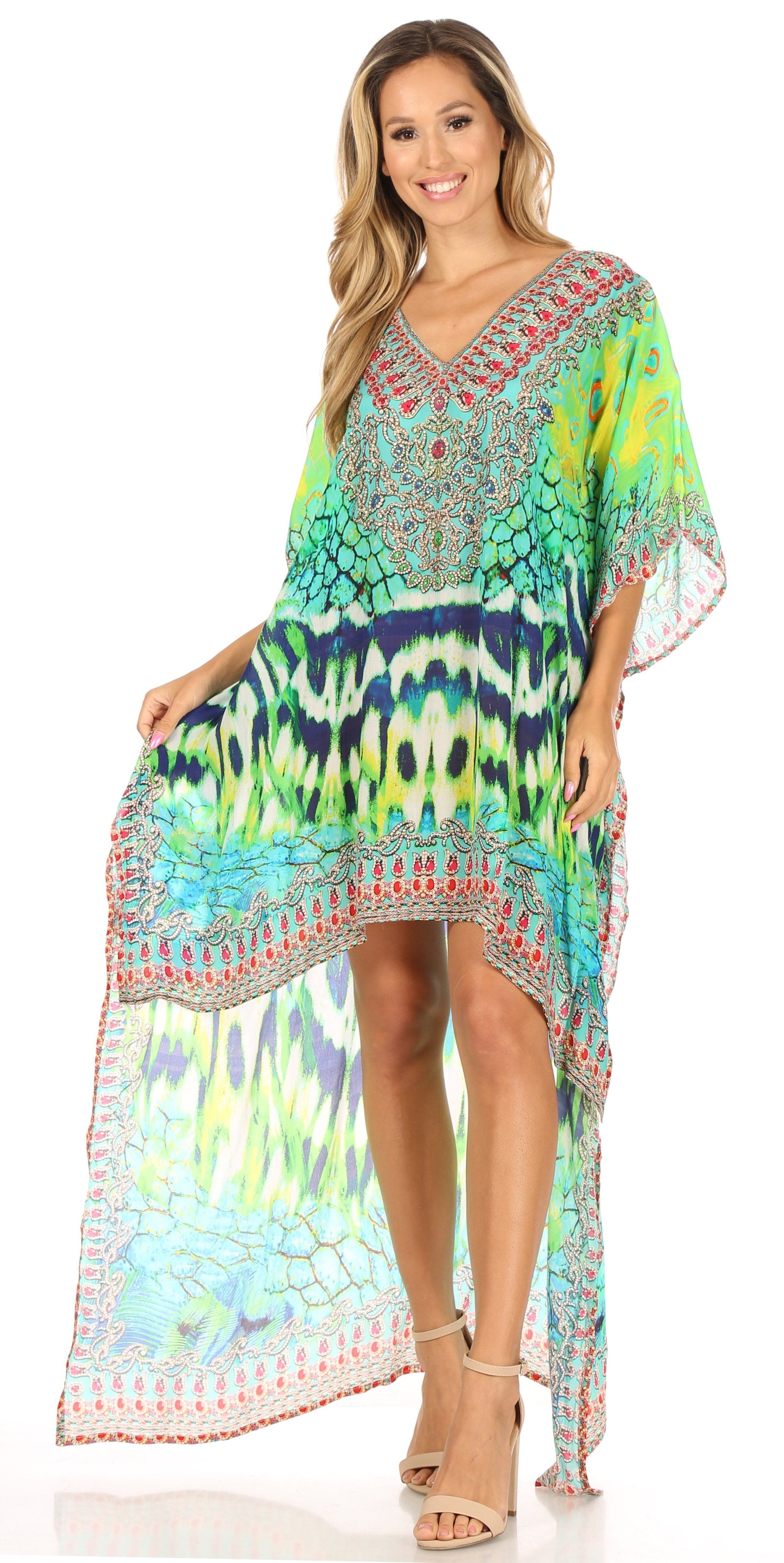 Sakkas Laisson Flowy Hi Low Caftan Rhinestone Boxy V Neck Dress Top Cover / Up - Concordia Style Boutique