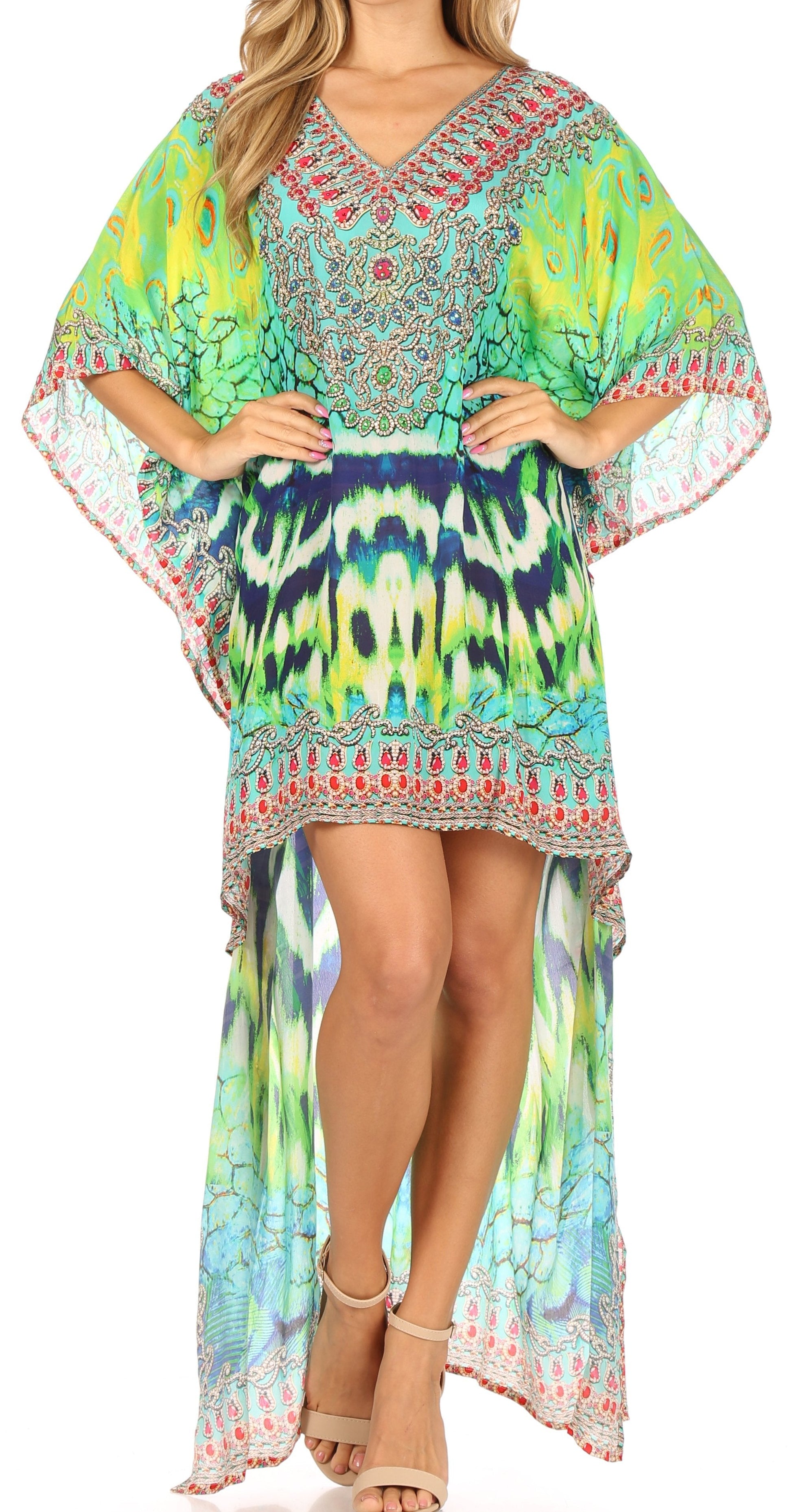 Sakkas Laisson Flowy Hi Low Caftan Rhinestone Boxy V Neck Dress Top Cover / Up - Concordia Style Boutique