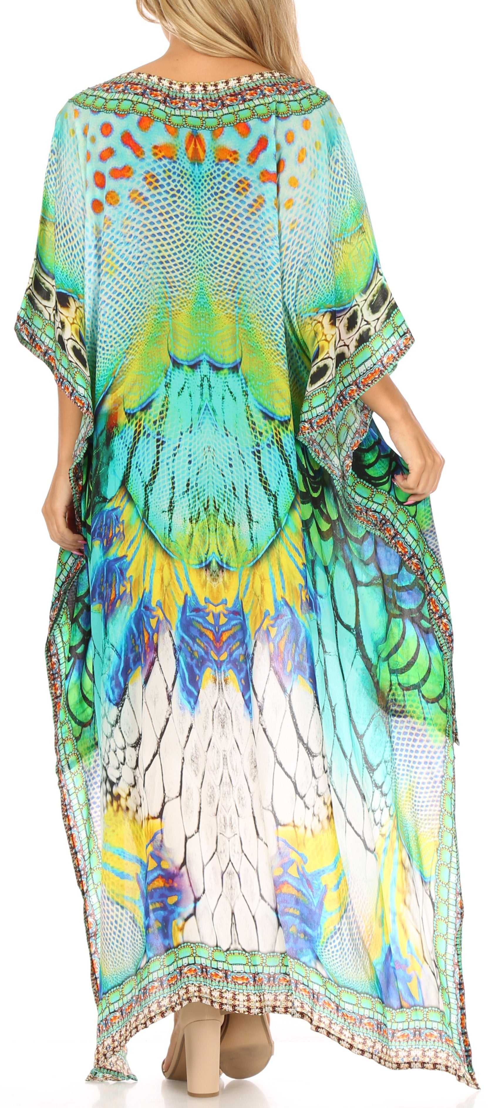 Sakkas Laisson Flowy Hi Low Caftan Rhinestone Boxy V Neck Dress Top Cover / Up - Concordia Style Boutique