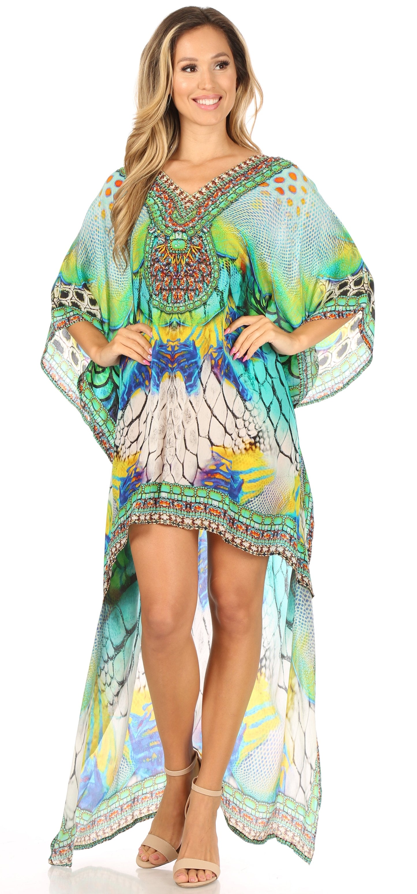 Sakkas Laisson Flowy Hi Low Caftan Rhinestone Boxy V Neck Dress Top Cover / Up - Concordia Style Boutique